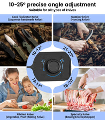 Knife sharpener adjusted to 10-25 degrees with up and down placement