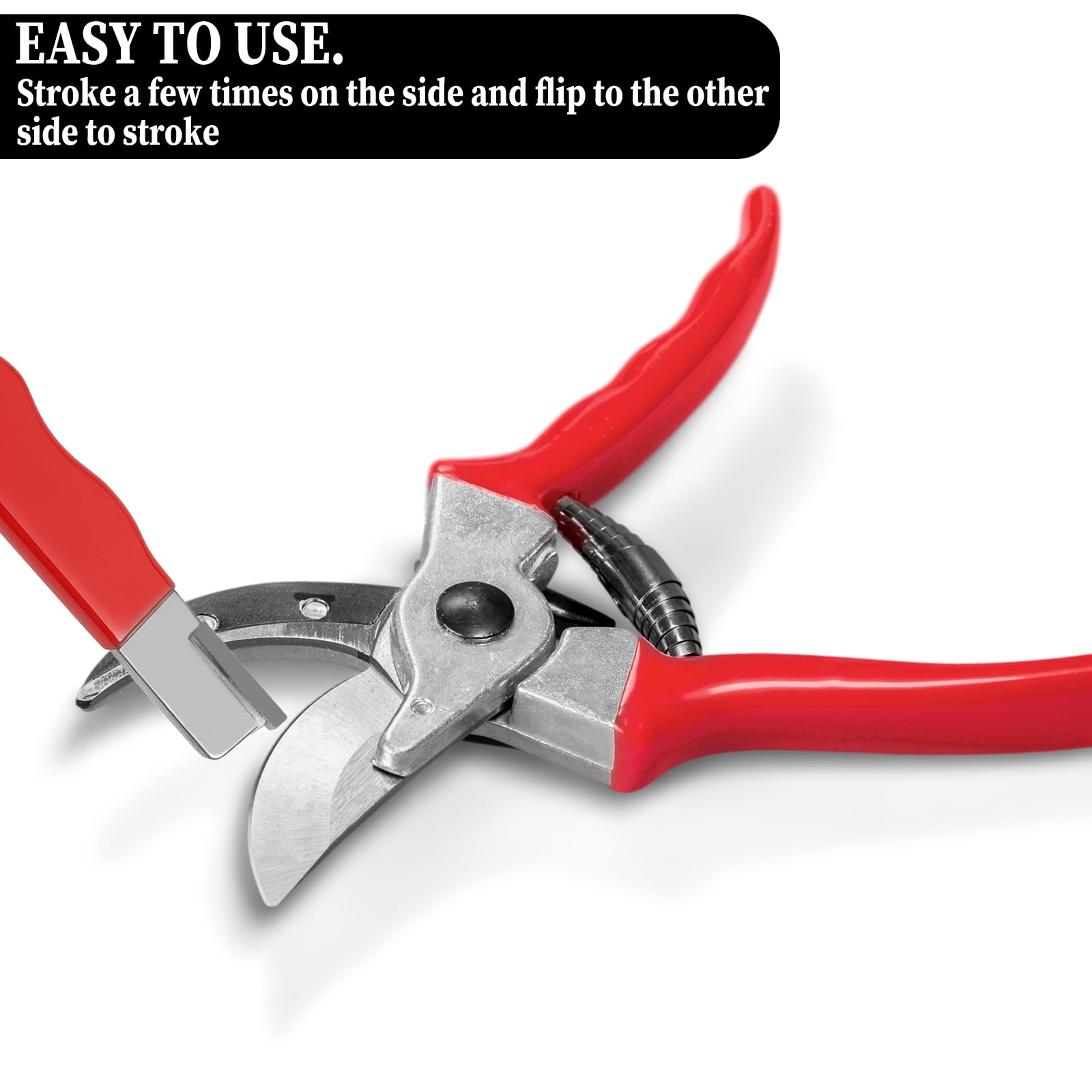 Plastic cap guards carbide tip on garden blade sharpener