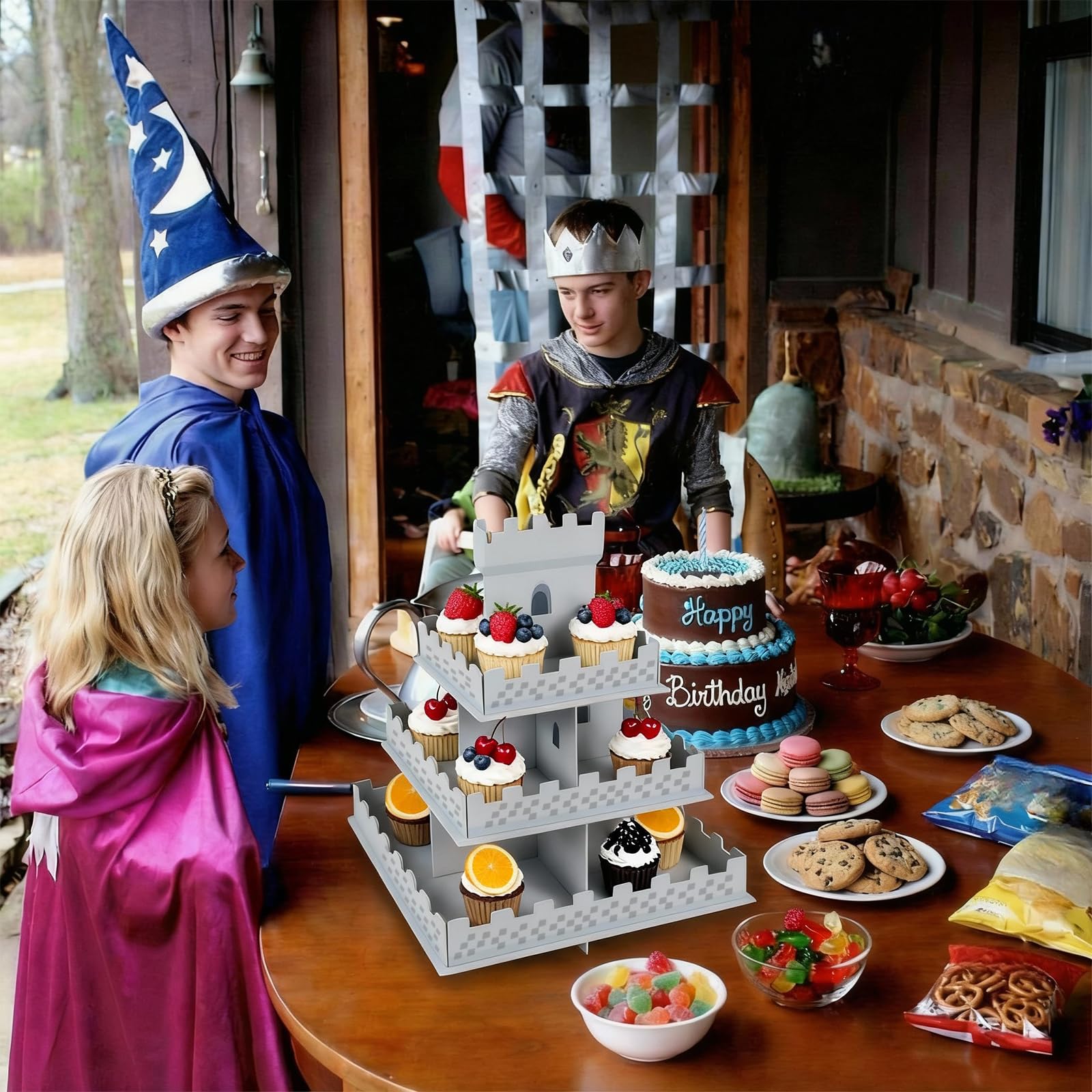 Castle themed cupcake stand for knight or medieval party
