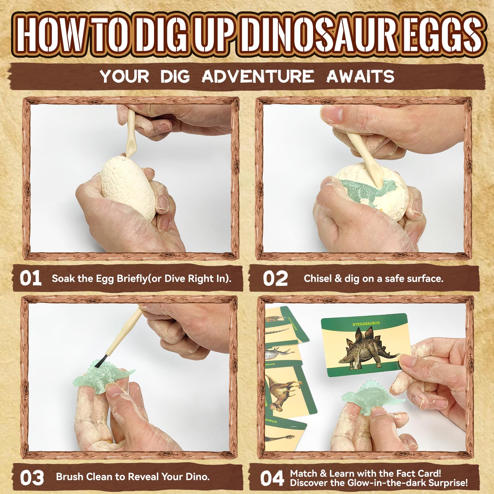 Knowledge cards with dinosaur facts for each egg