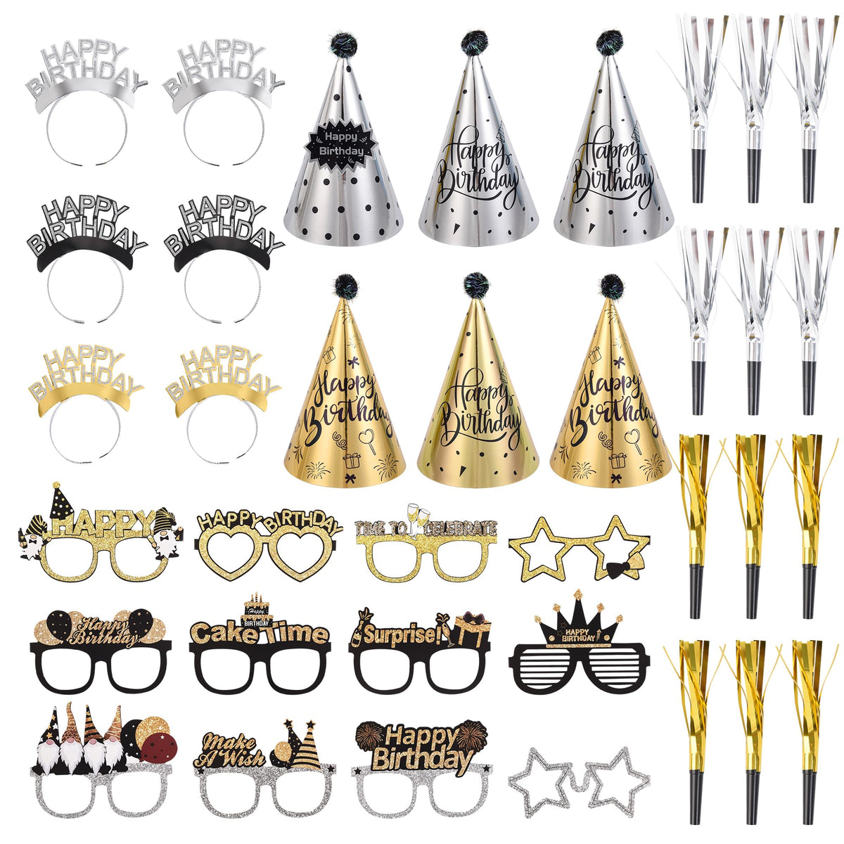 Koeilay 36 piece birthday party hats set black gold silver design