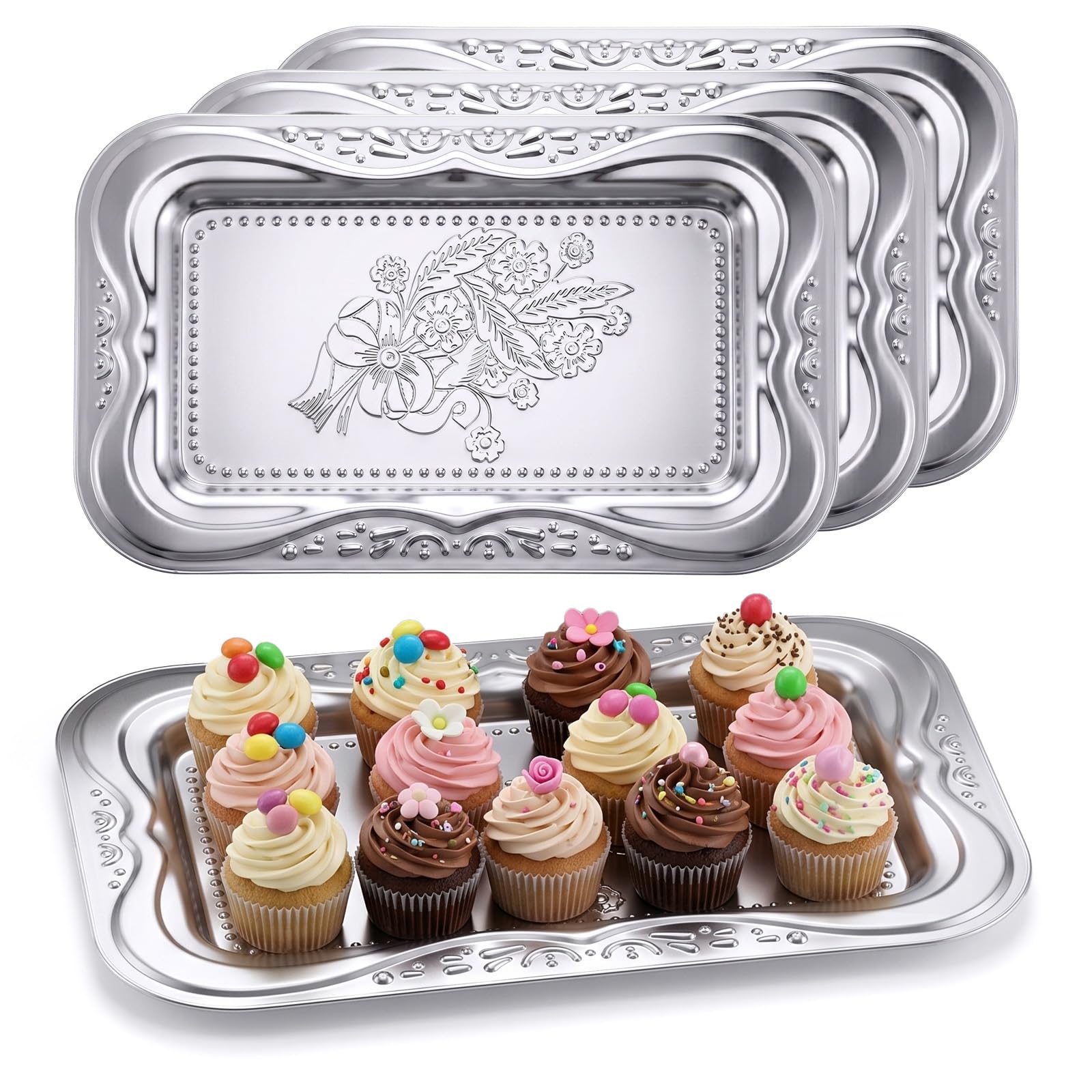KongTiva 6Pcs silver stainless steel serving trays embossed bow floral engraving