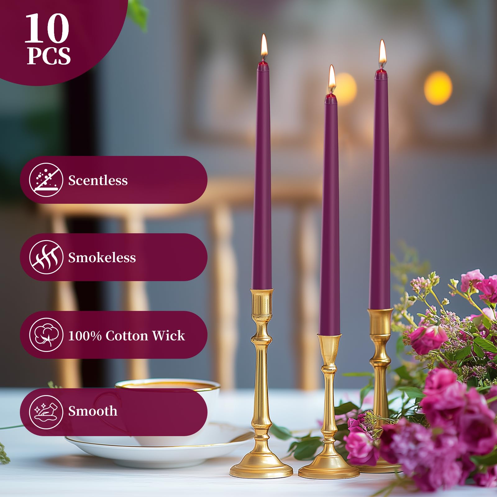 Unscented smokeless taper candles with cotton wicks