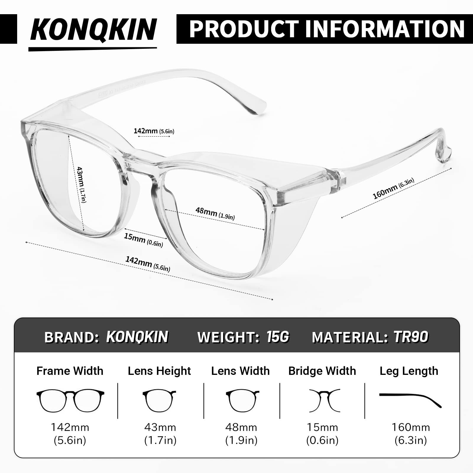 anti fog konqkin safety glasses side profile