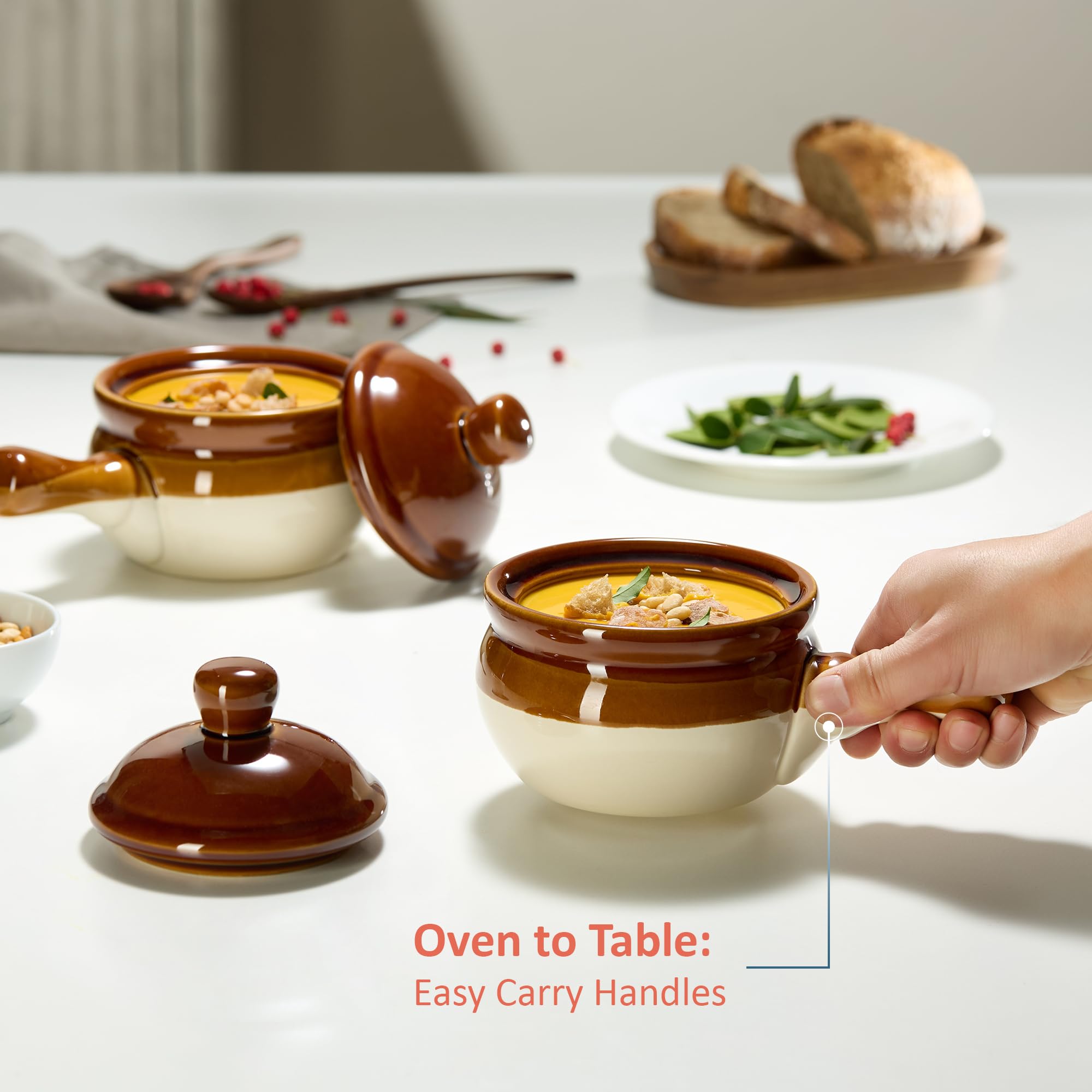 KooK French Onion Soup Crocks brown white ceramic bowls with lids