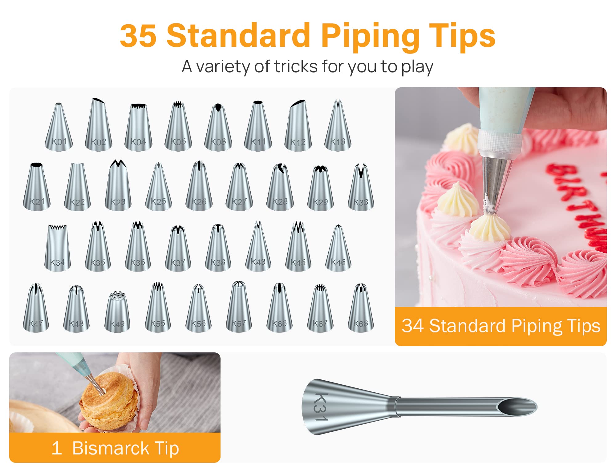 35 standard icing tips in the kit