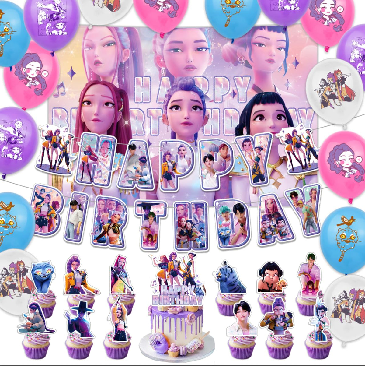 Korean Idol Happy Birthday Party Decorations 31 pcs set with backdrop balloons swirls and toppers