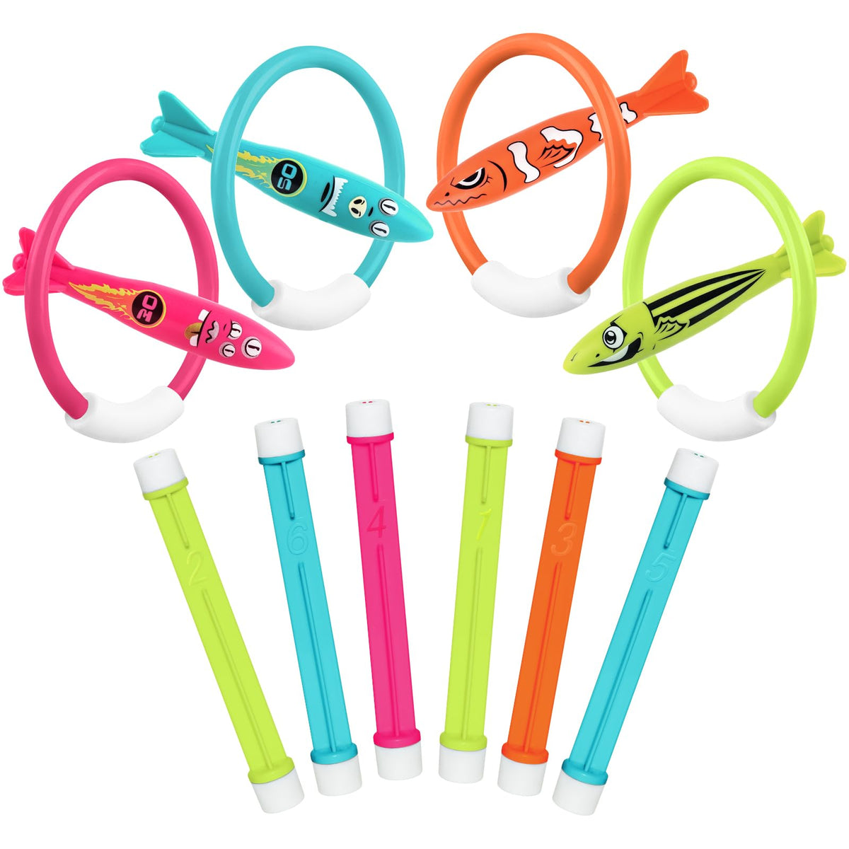 Korlon Tec pool toys set includes six long water toys