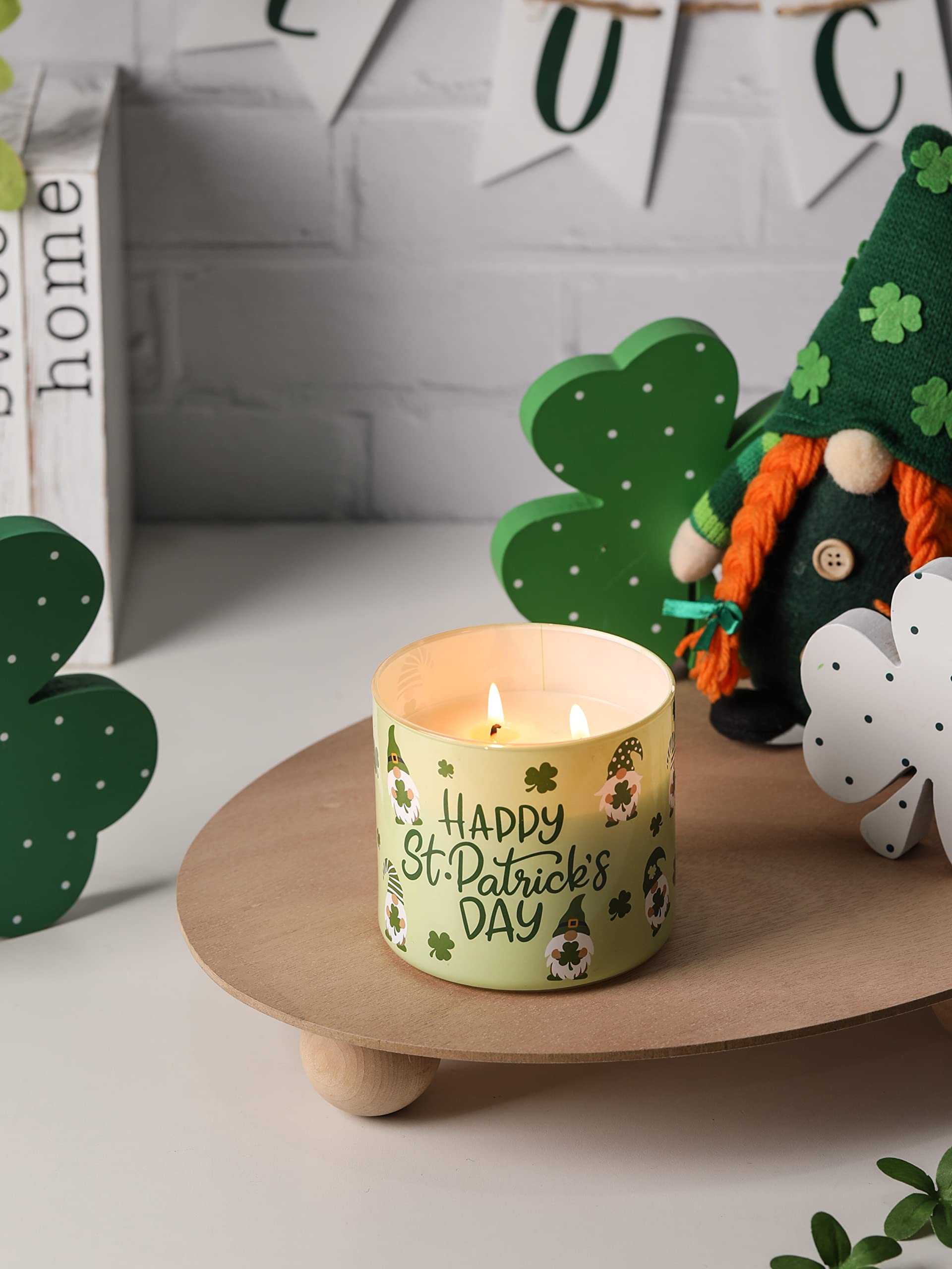 Large 3 wick soy wax candle with shamrock gnomes