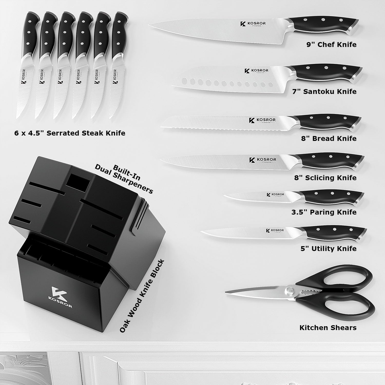 15-Piece German Stainless Steel knife set with dual sharpeners
