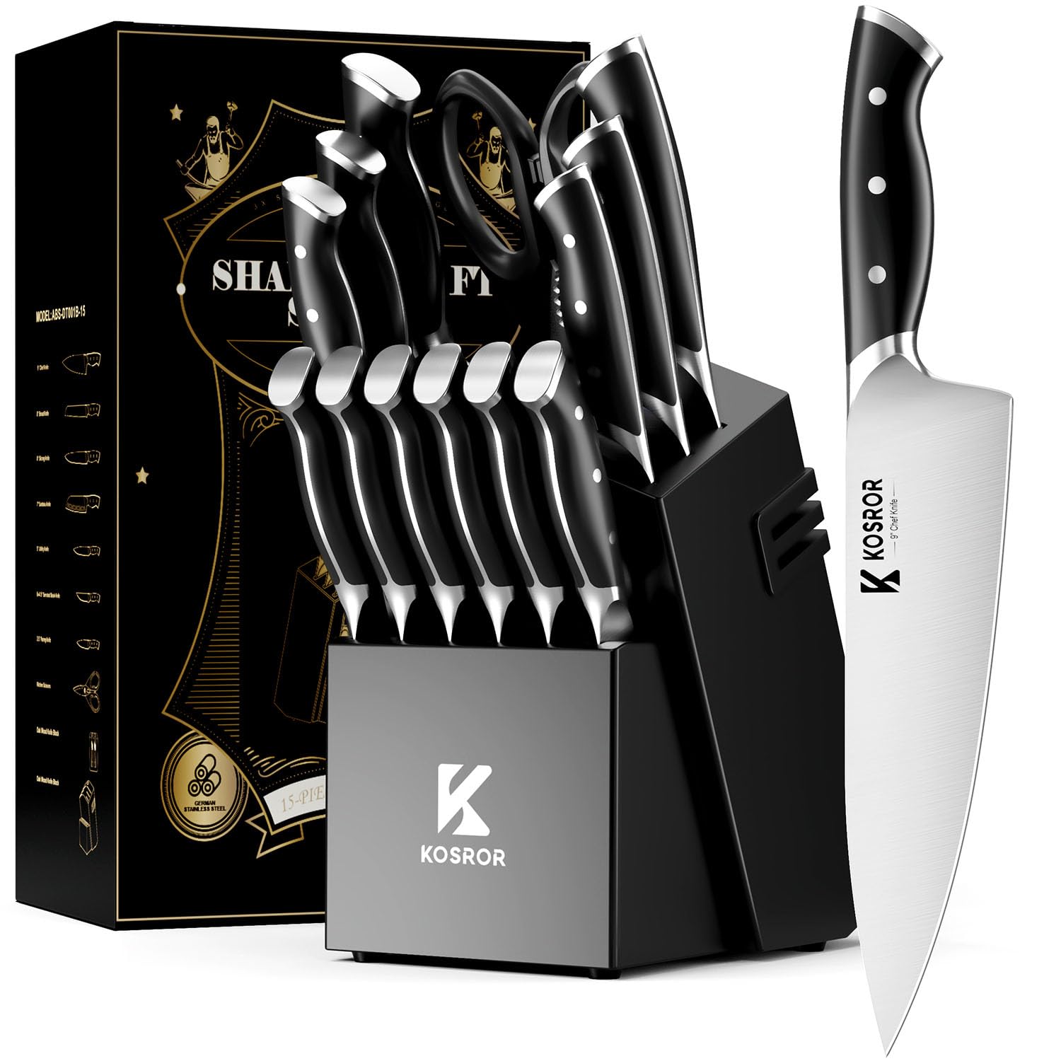 KOSROR Kitchen Knife Set with Block 15-Piece German Stainless Steel