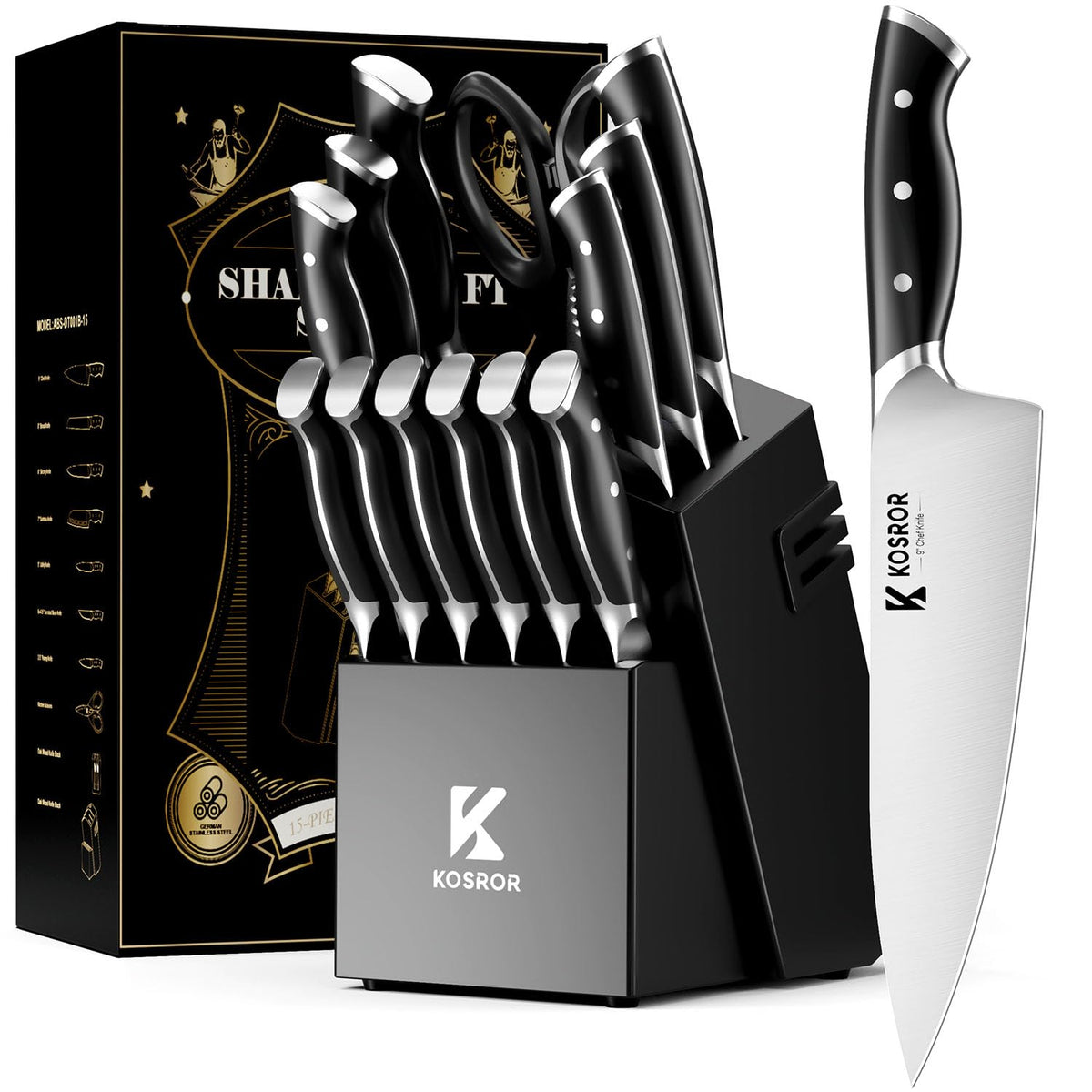 KOSROR Kitchen Knife Set with Block 15-Piece German Stainless Steel