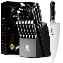 KOSROR Kitchen Knife Set with Block 15-Piece German Stainless Steel