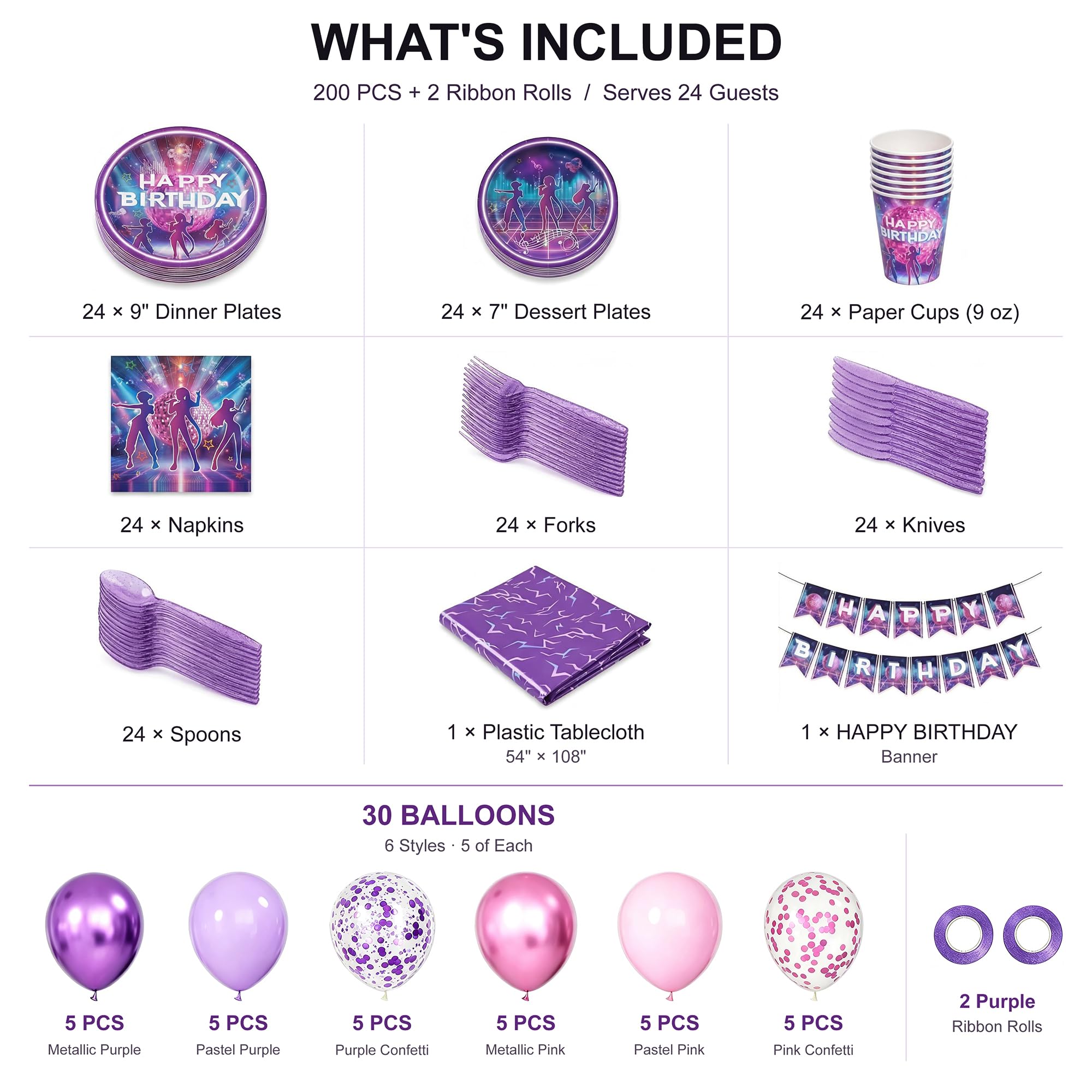 KPop birthday party supplies for 24 guests display