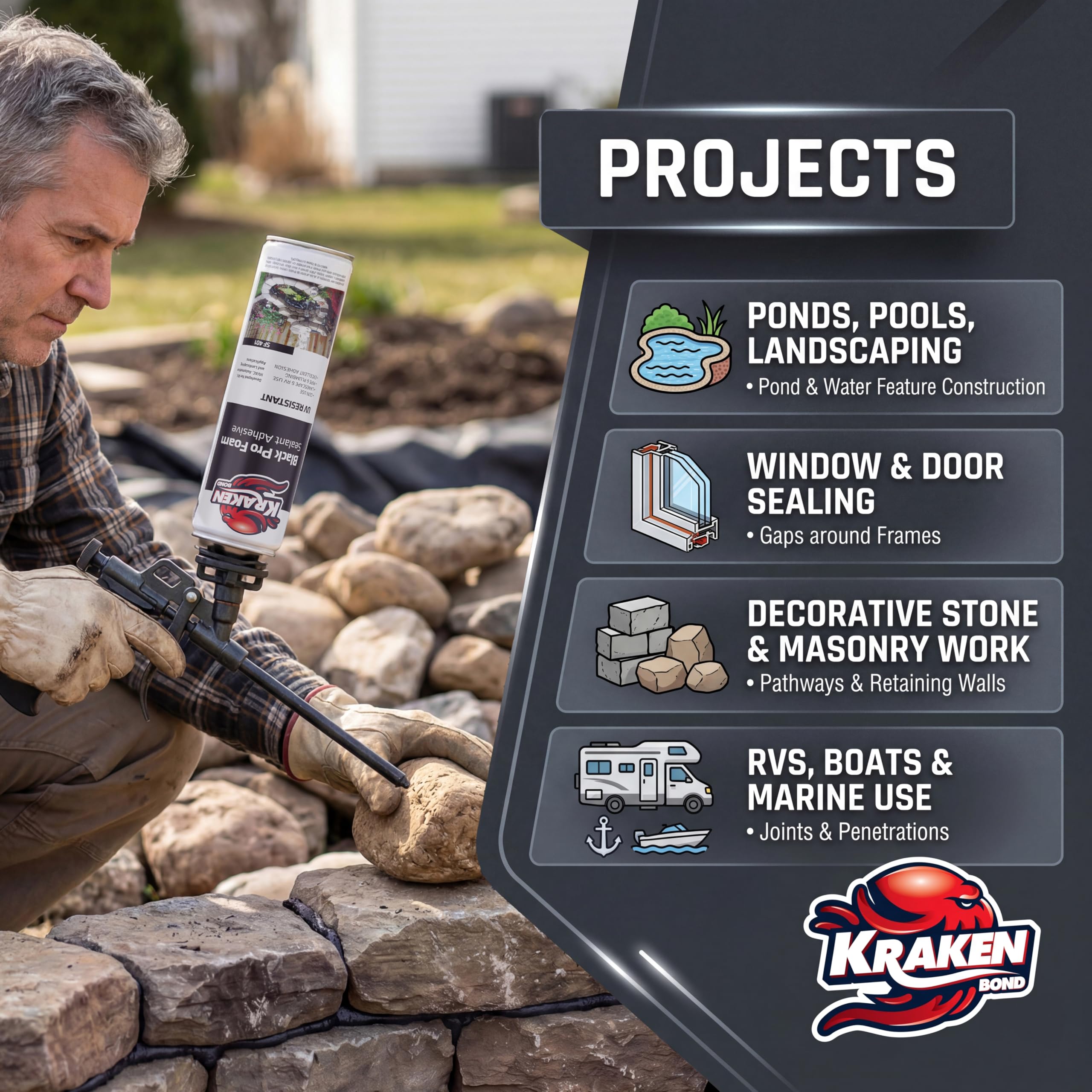 Expanding polyurethane pond foam sealer by Kraken Bond label