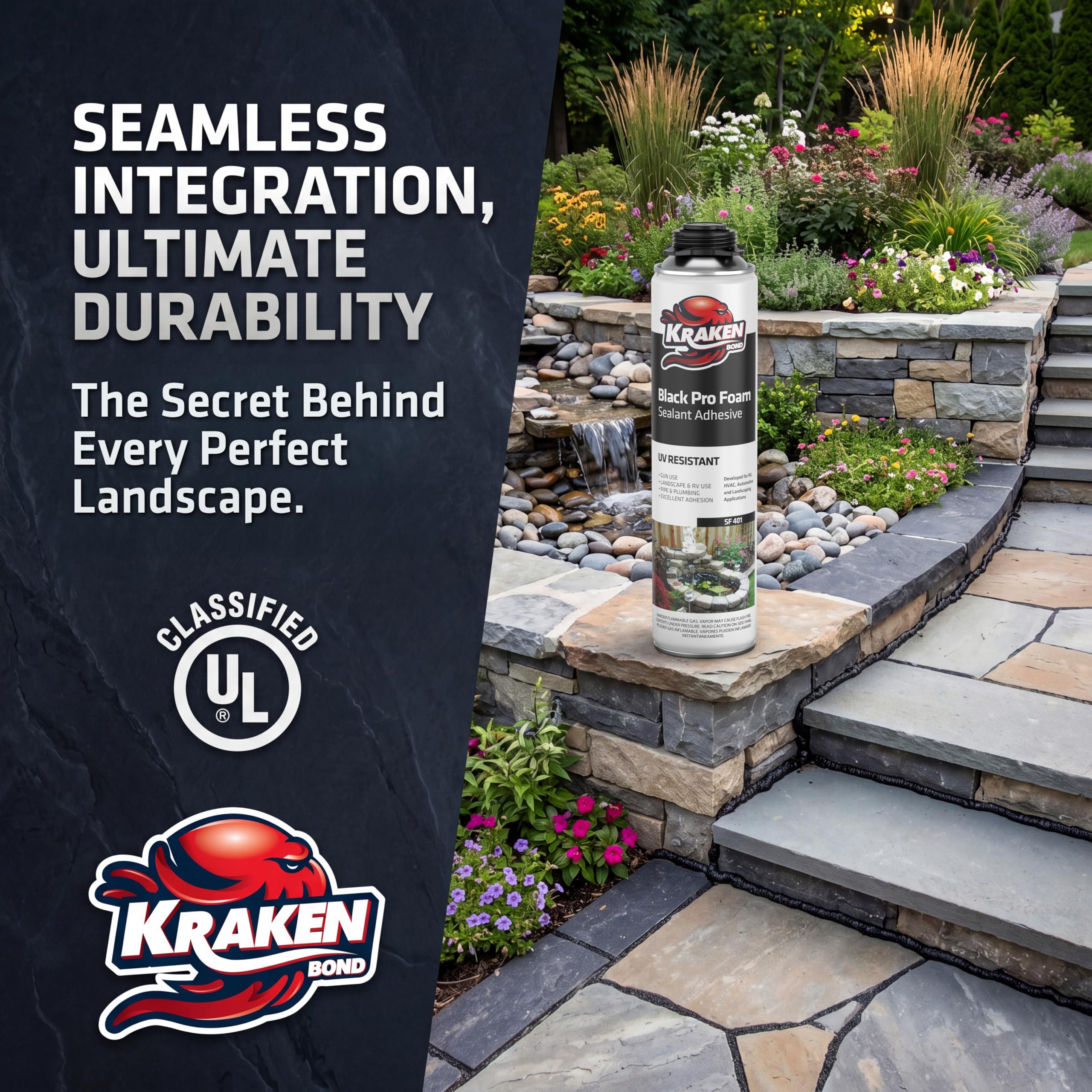 Outdoor foam sealant applied around water feature edge by Kraken Bond