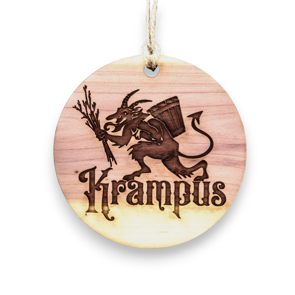 Krampus raw cedar ornament 3x3in front engraving