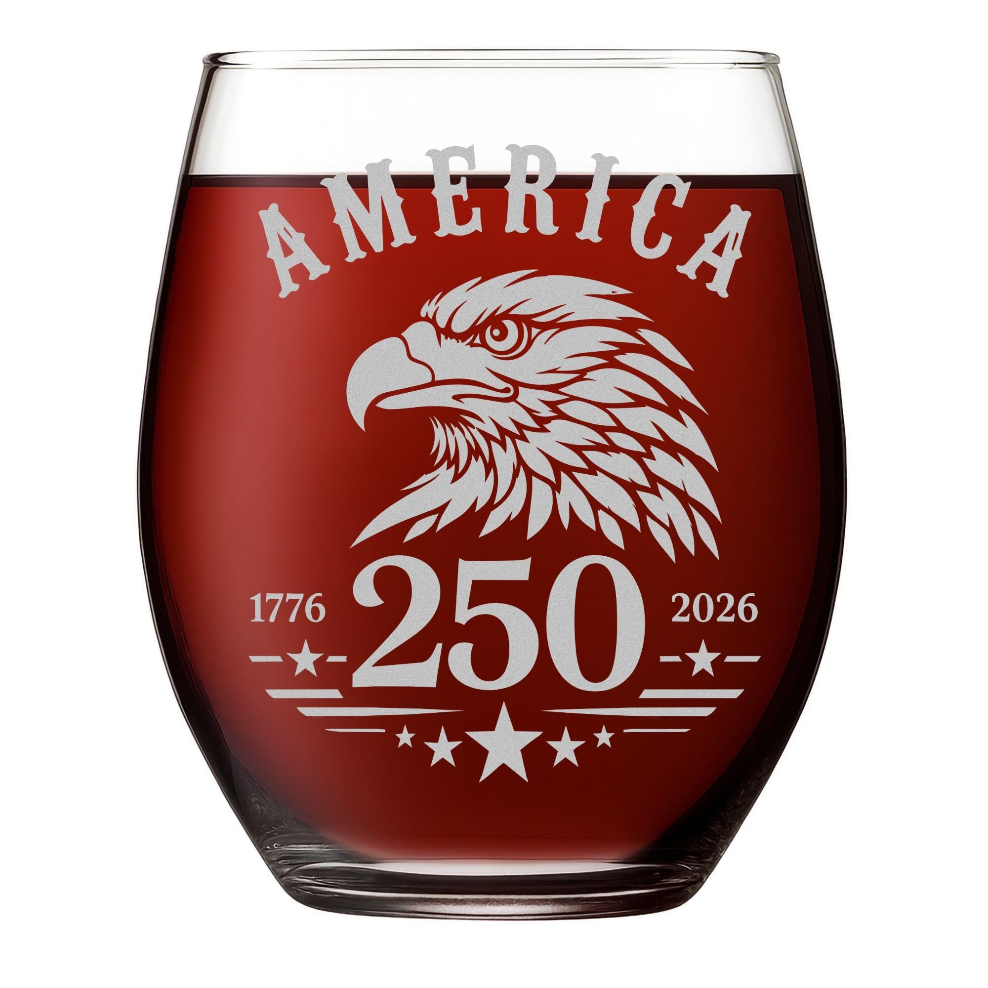 Kropsis 17 oz laser engraved wine glass with America 250 eagle emblem