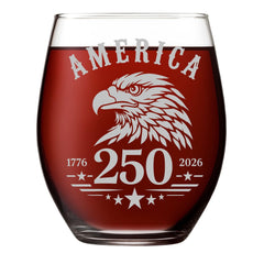 Kropsis 17 oz laser engraved wine glass with America 250 eagle emblem