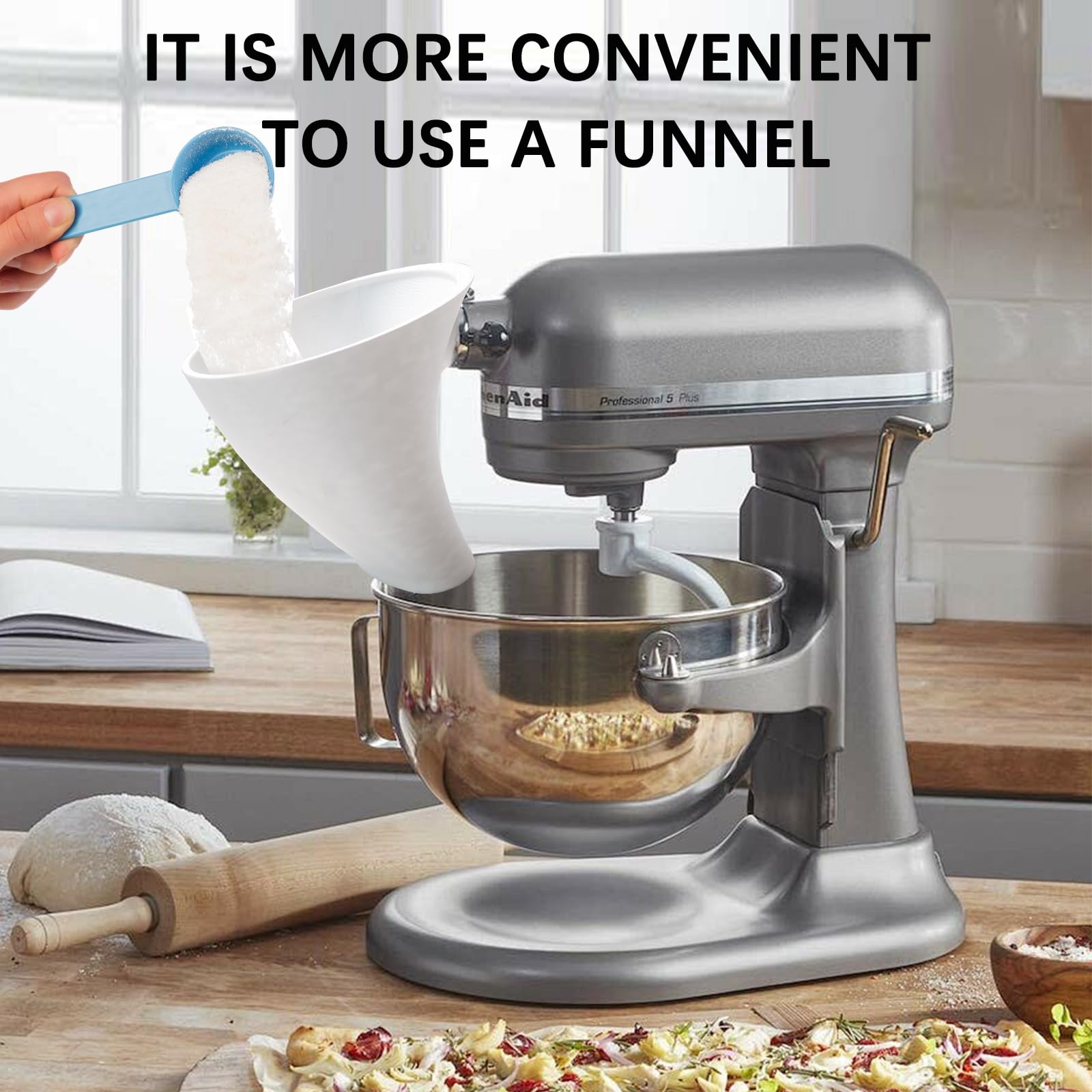 KSM150 tilt-head mixer flour funnel pouring into bowl