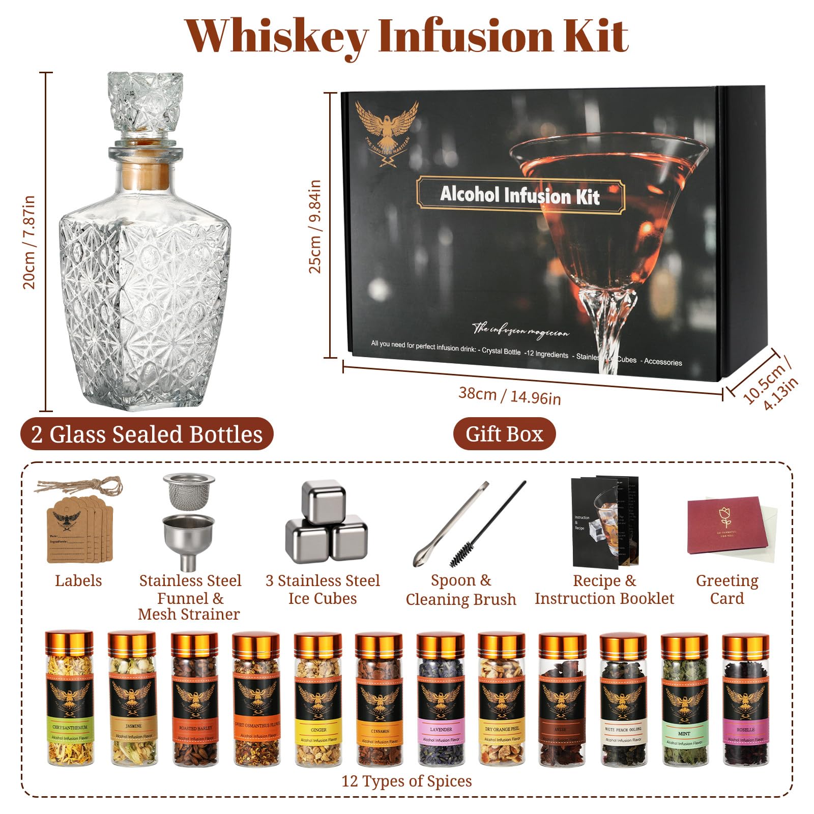 Whiskey infusion kit with 12 flavors for bourbon rye gin vodka tequila and rum