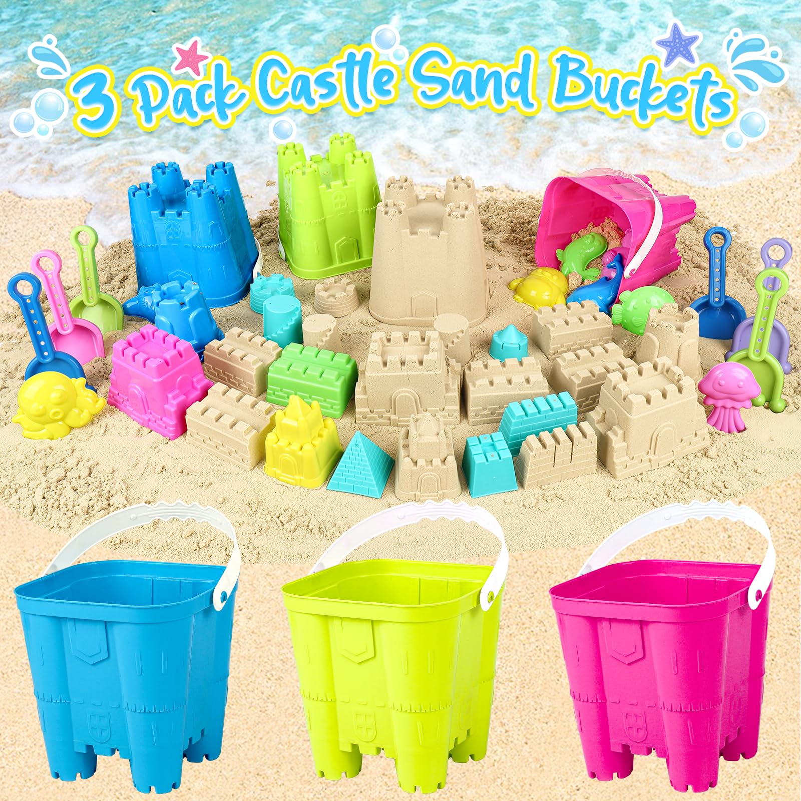 Three castle buckets with assorted sand molds for creative play