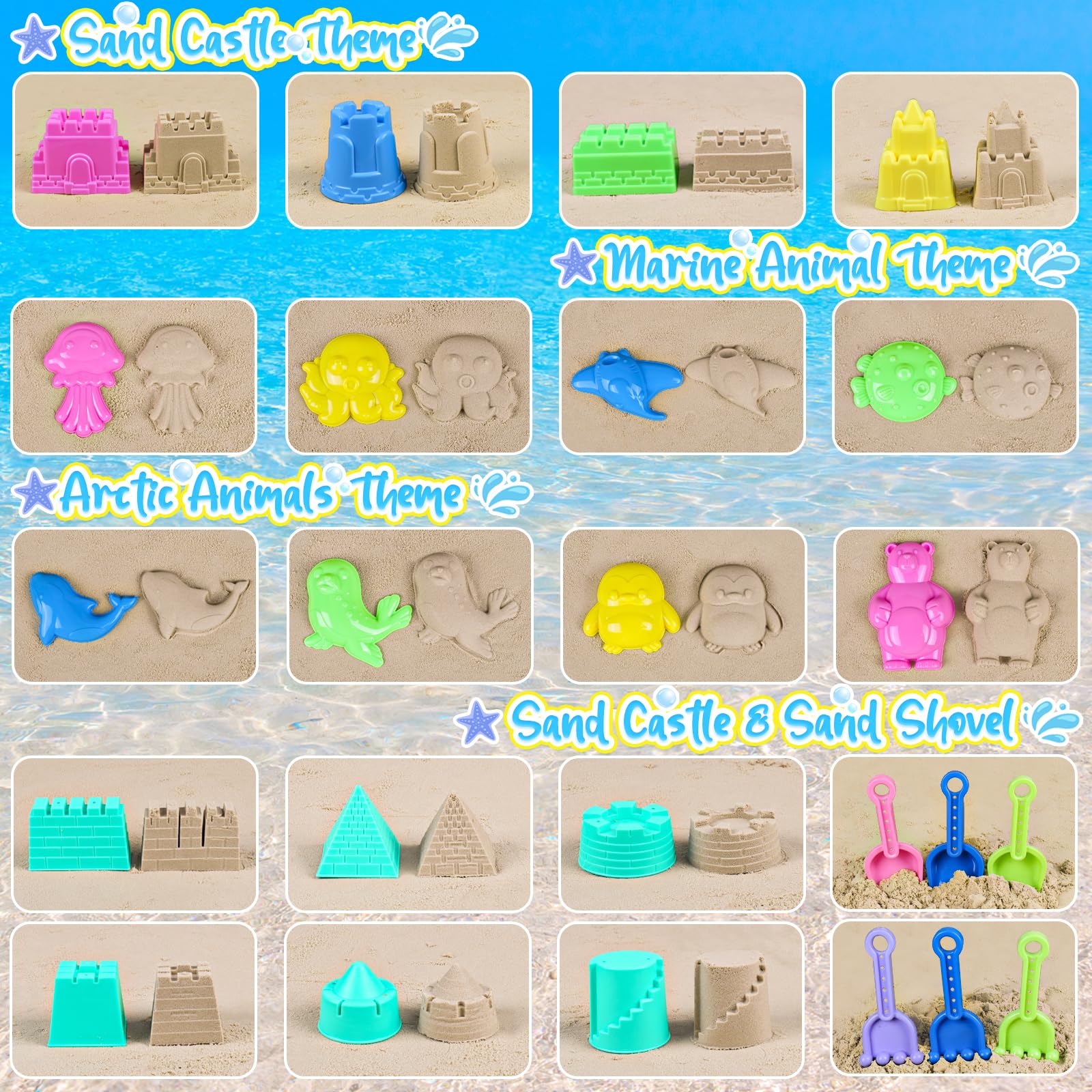 Brightly colored sand shovels and rakes for outdoor play