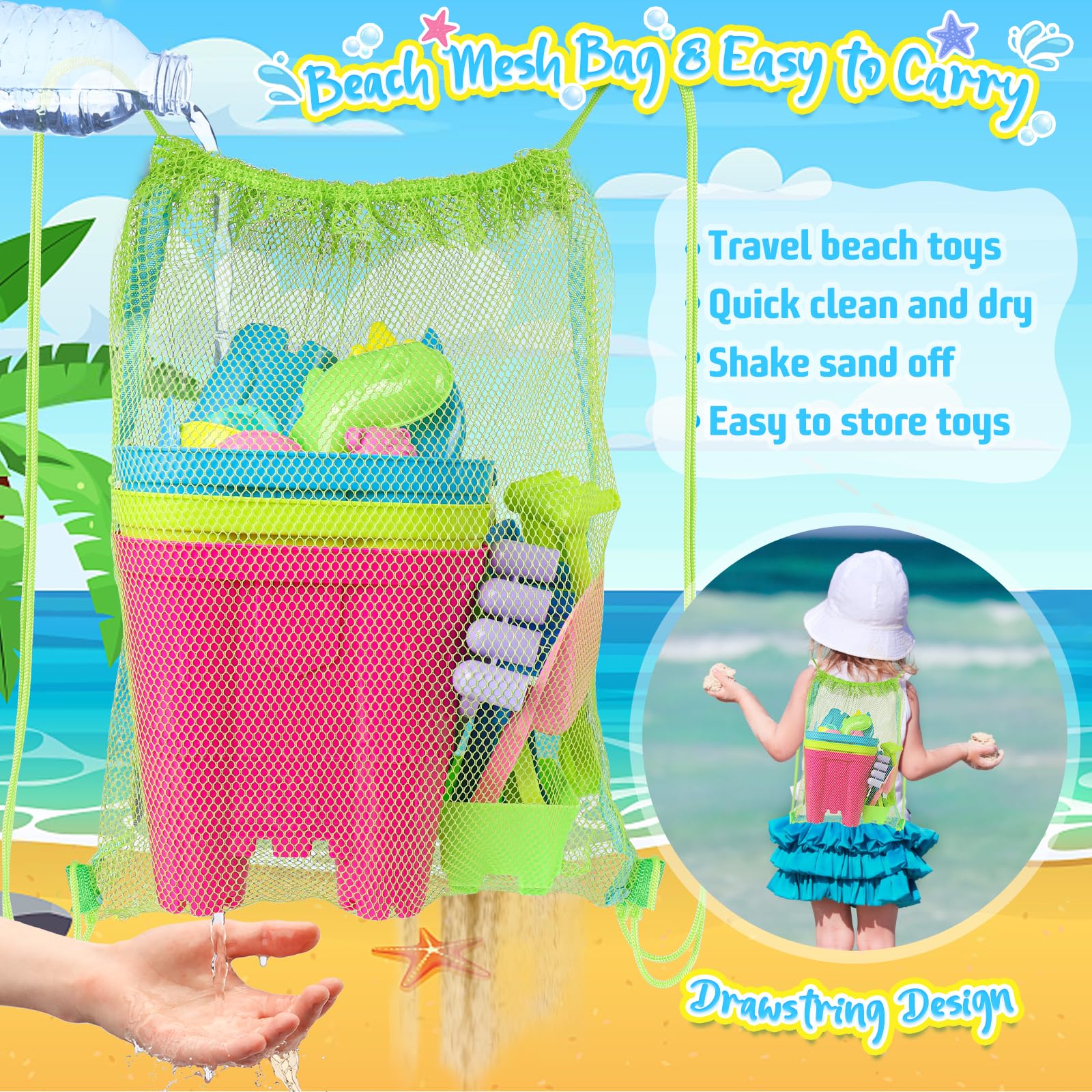 Travel-friendly drawstring mesh bag with beach toys