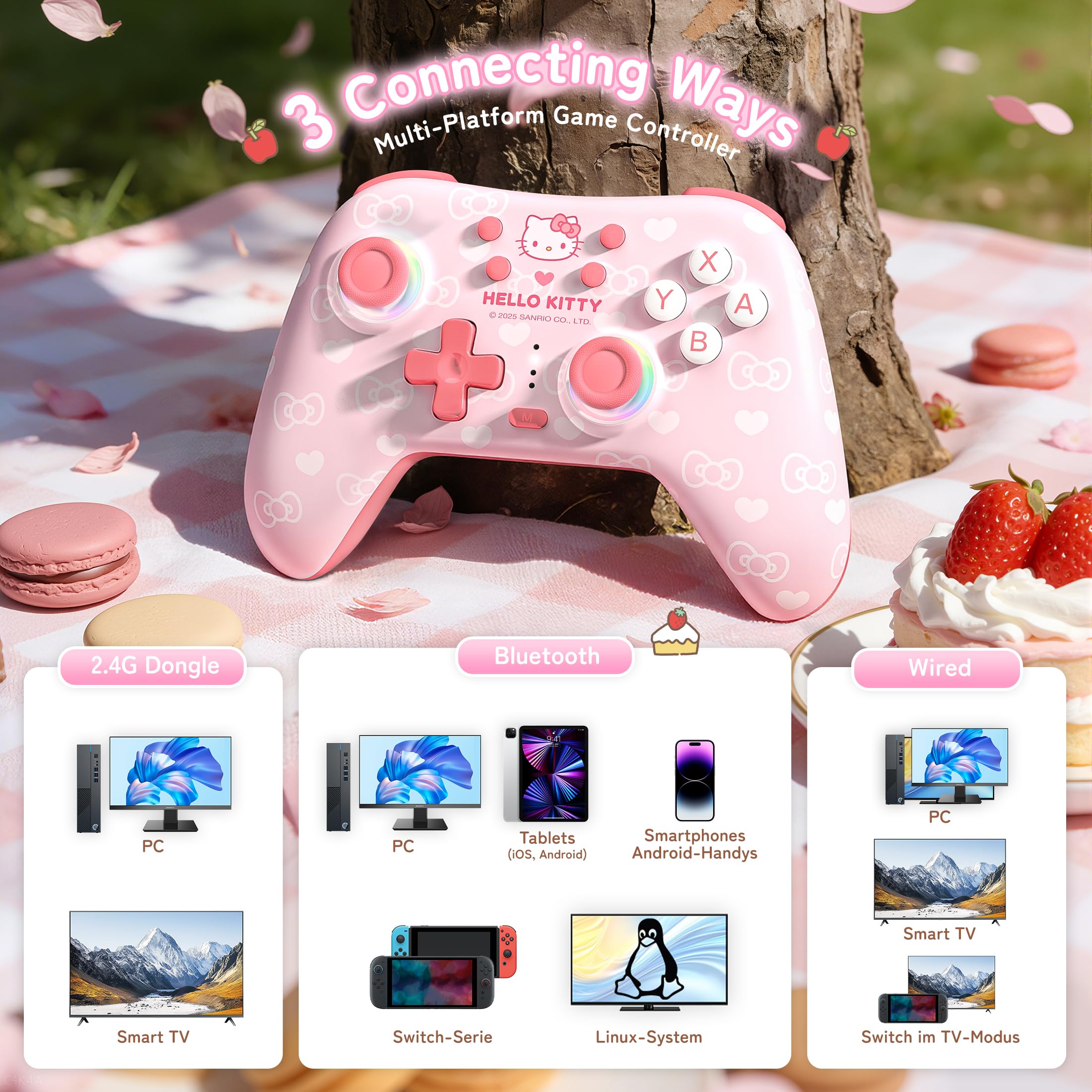 Hello Kitty Switch Pro Controller RGB lighting close up