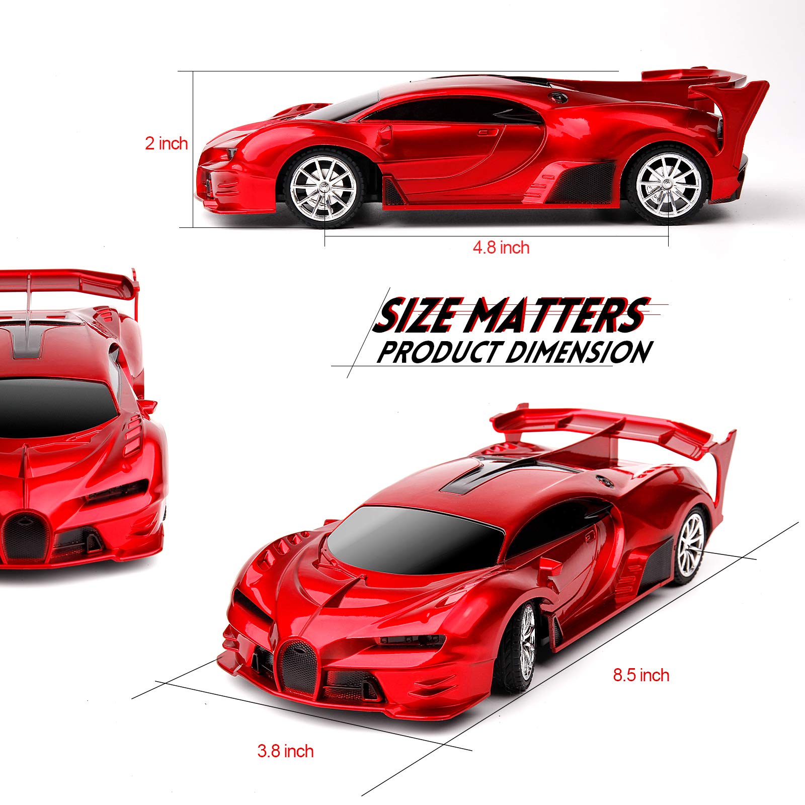 Red color RC car with remote battery details