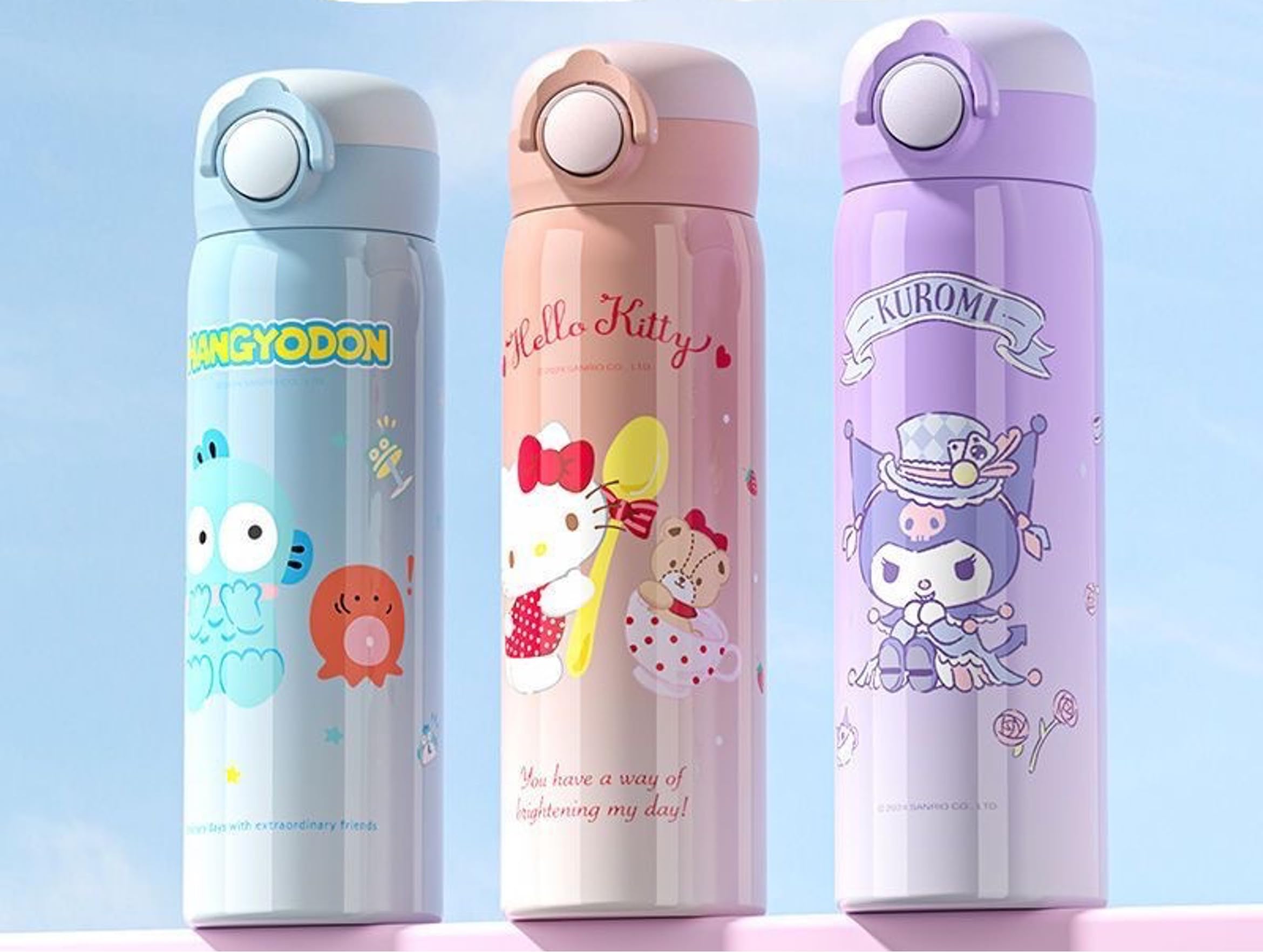 Many Rainbows Kuromi bottle secure button lid in use