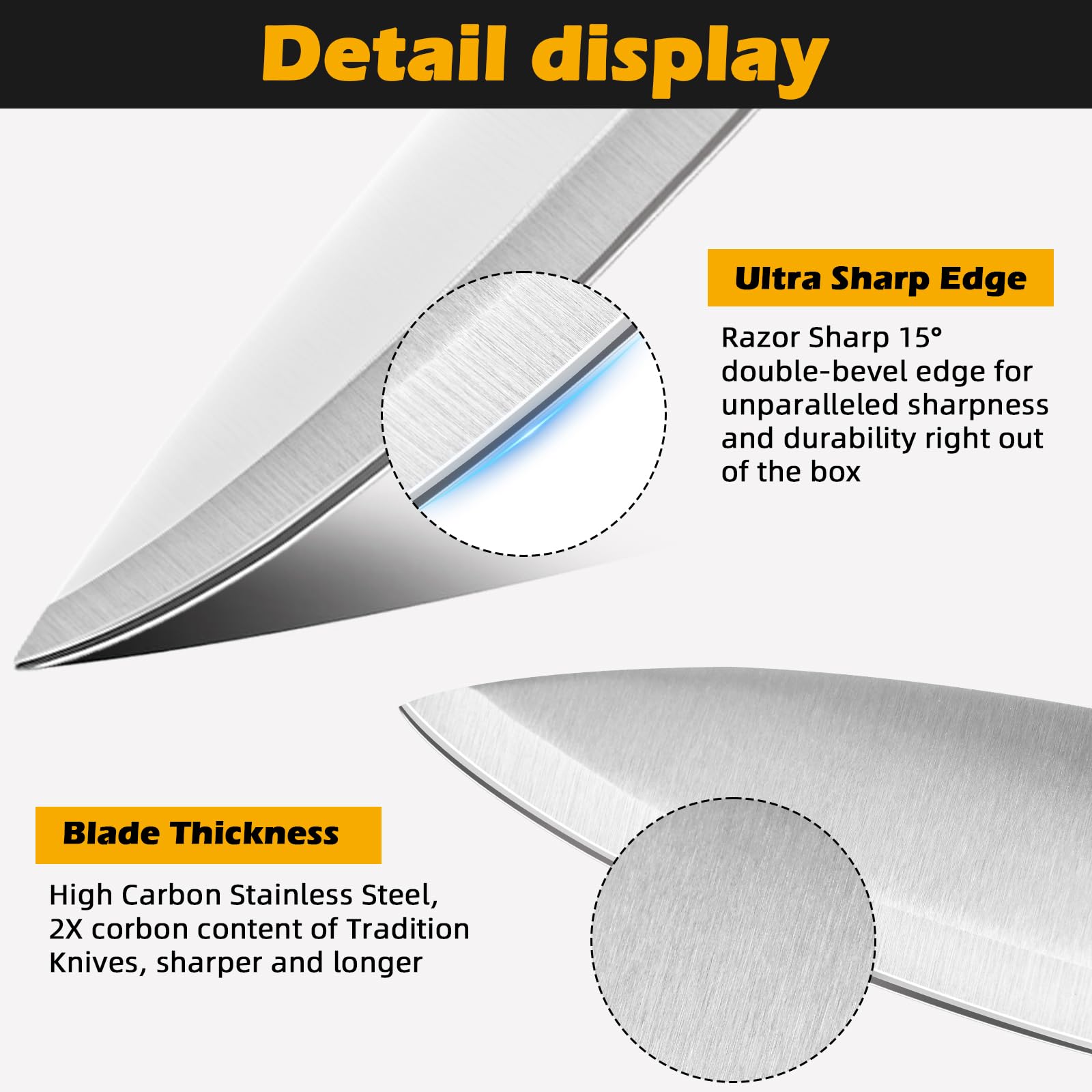 Kvlniqs 8 inch chef knife close up showing blade