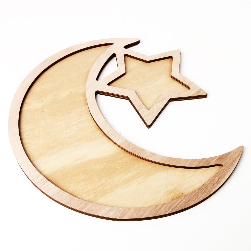 KYMY wooden Eid Mubarak dessert tray with crescent moon star design