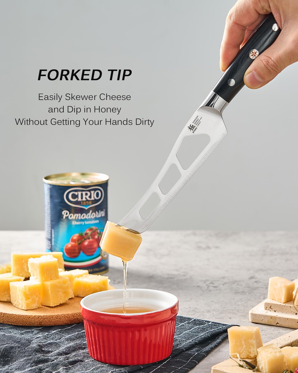 Knife slicing hard rind cheese with hollow blade