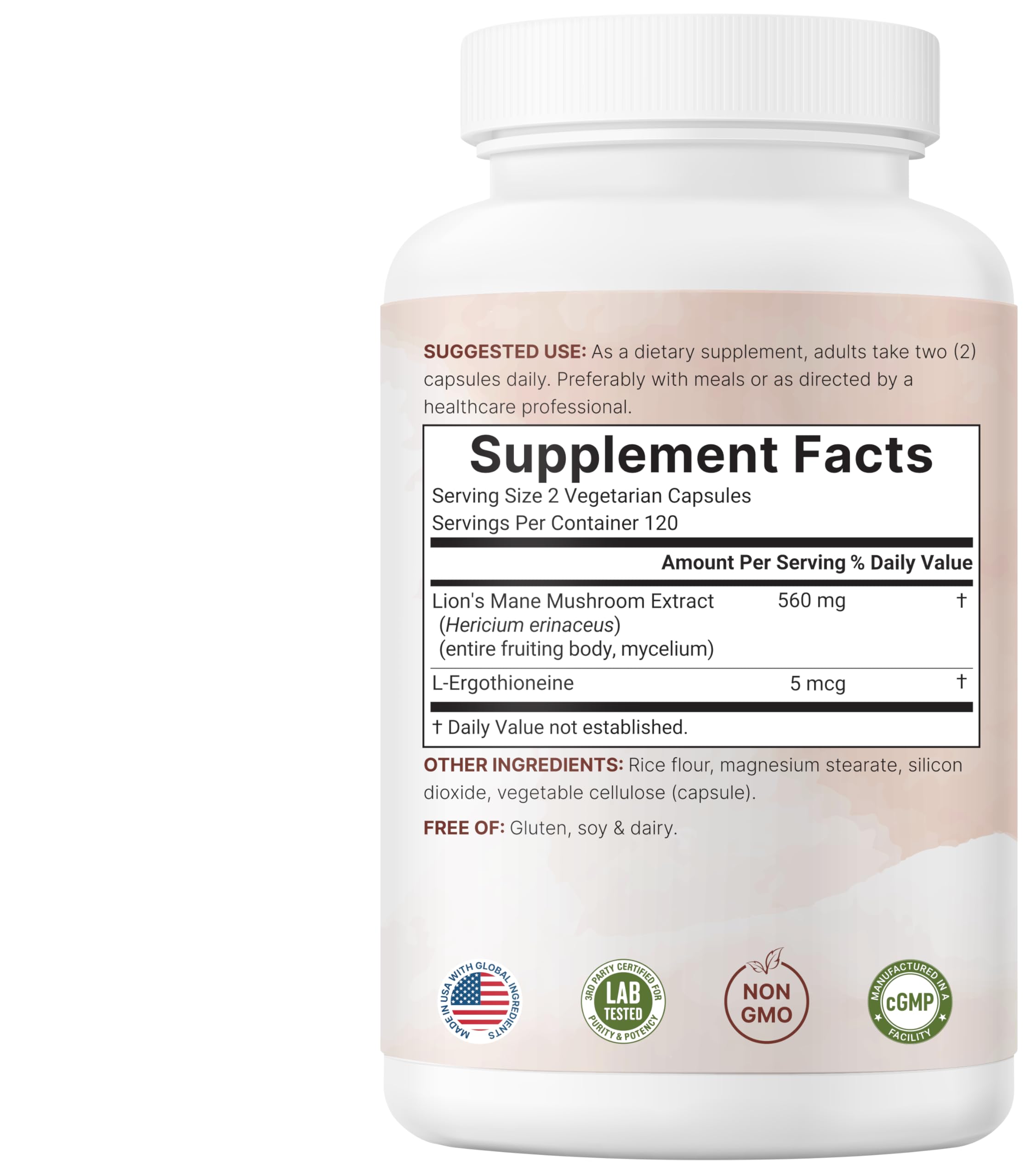 Third-party lab tested Lion’s Mane L-Ergothioneine capsules