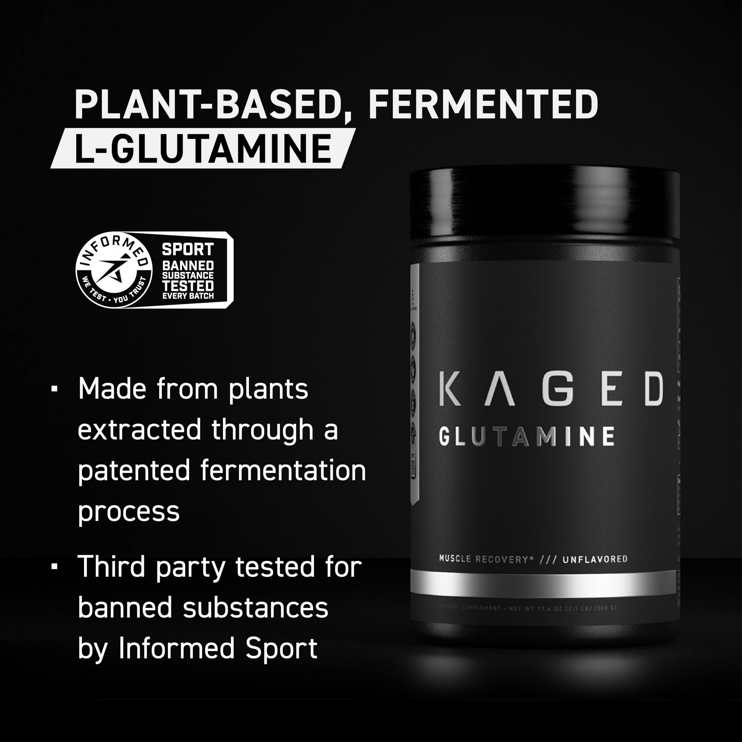 Plant-based vegan glutamine powder bottle by Kaged Muscle