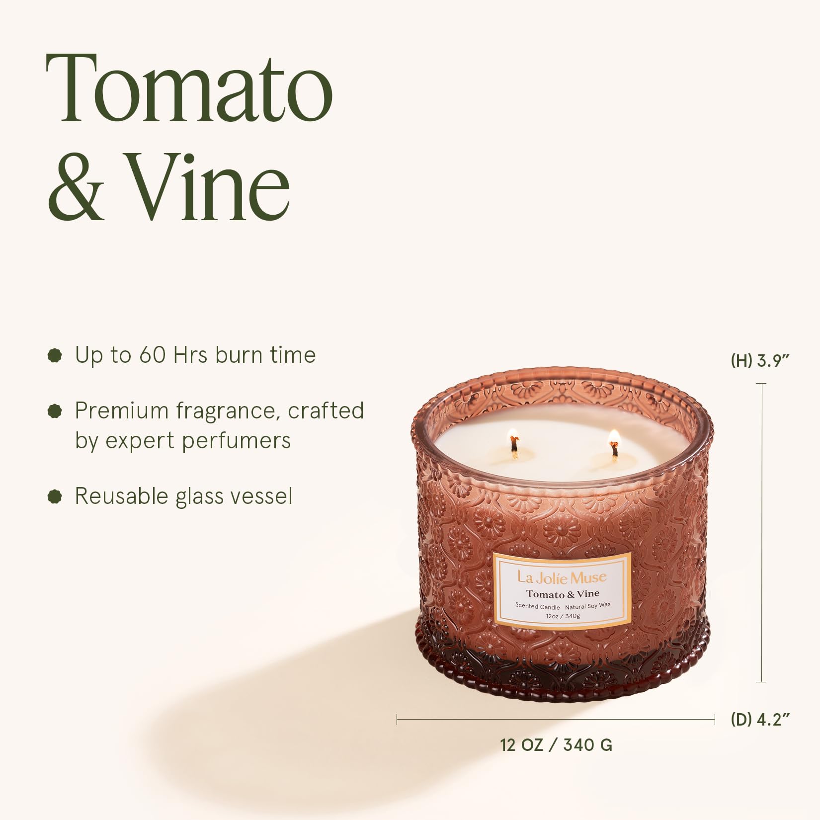 Tomato & Vine fragrance notes with tomato fig leaves grapefruit cedar rose patchouli moss LA JOLIE MUSE