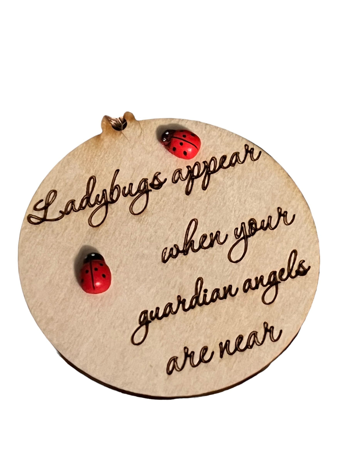 3.5 inch round wooden ornament with red and black lady bug accent Lady Bugs Guardian Angels ornament