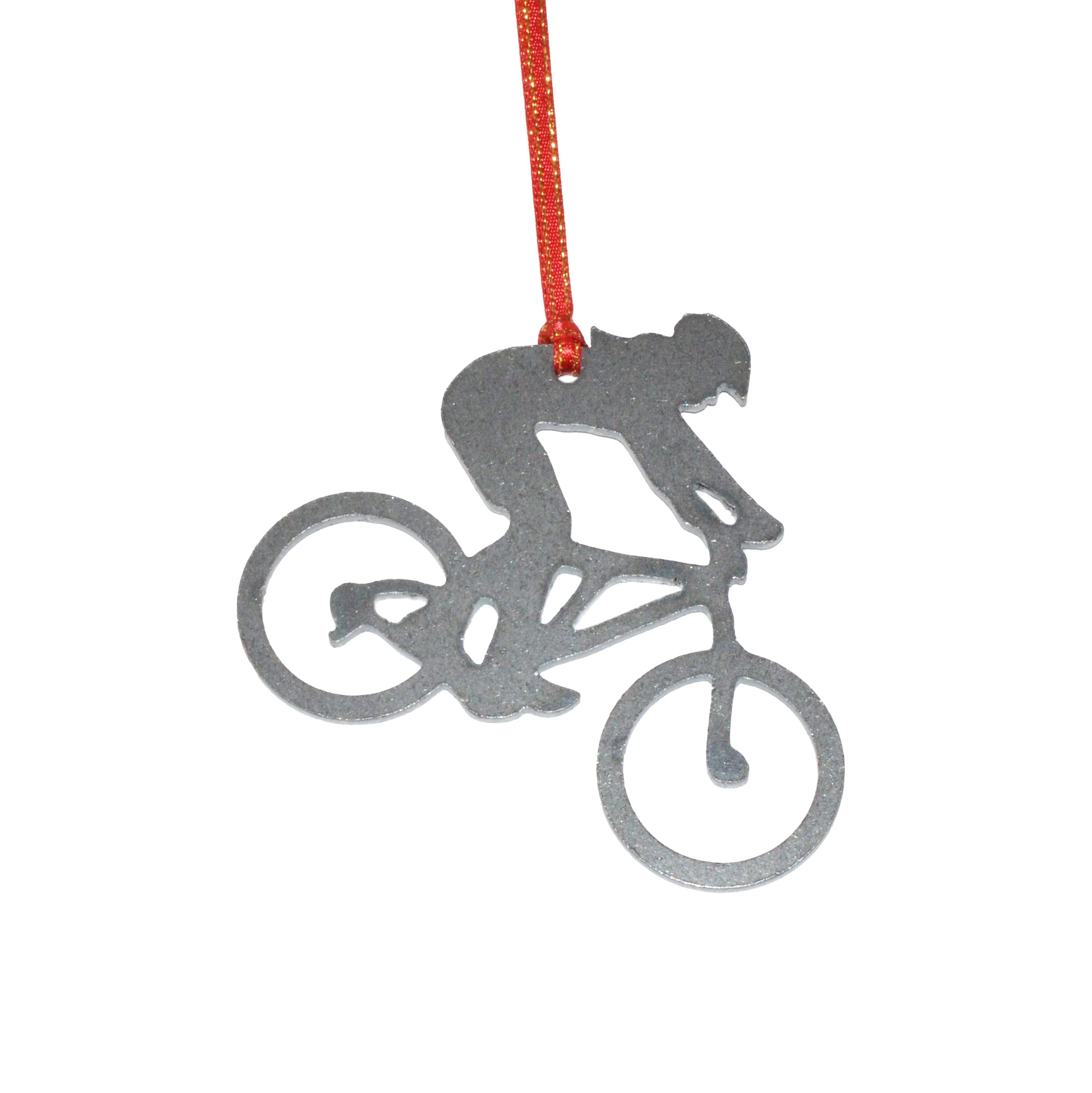 Lady Mountain Biker Ornament dark grey steel 2.8 by 2.6 inches