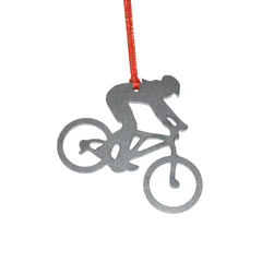 Lady Mountain Biker Ornament dark grey steel 2.8 by 2.6 inches