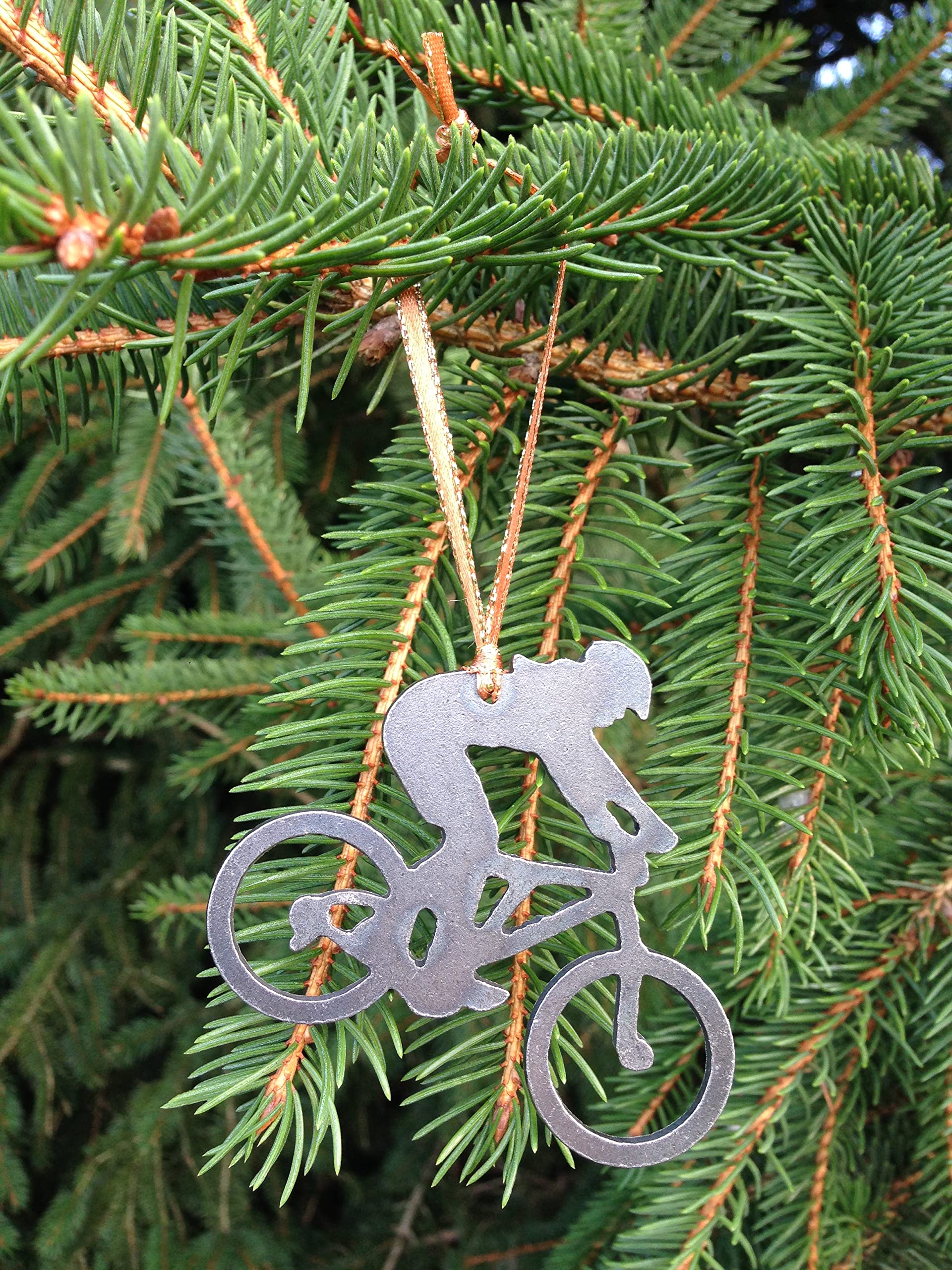 Dark grey steel finish on Lady Mountain Biker Ornament