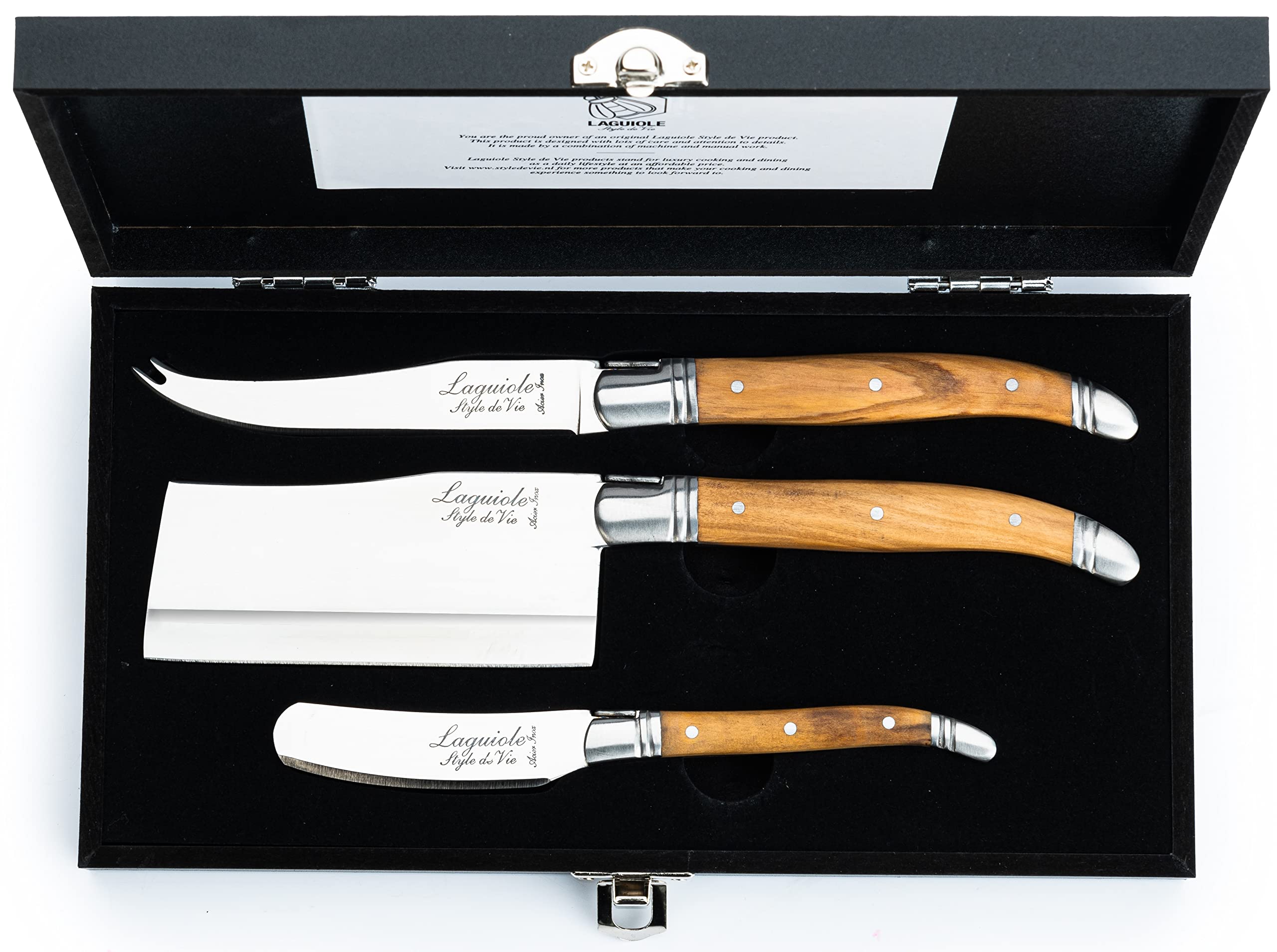 Laguiole Style De Vie cheese knives set with olive wood handles