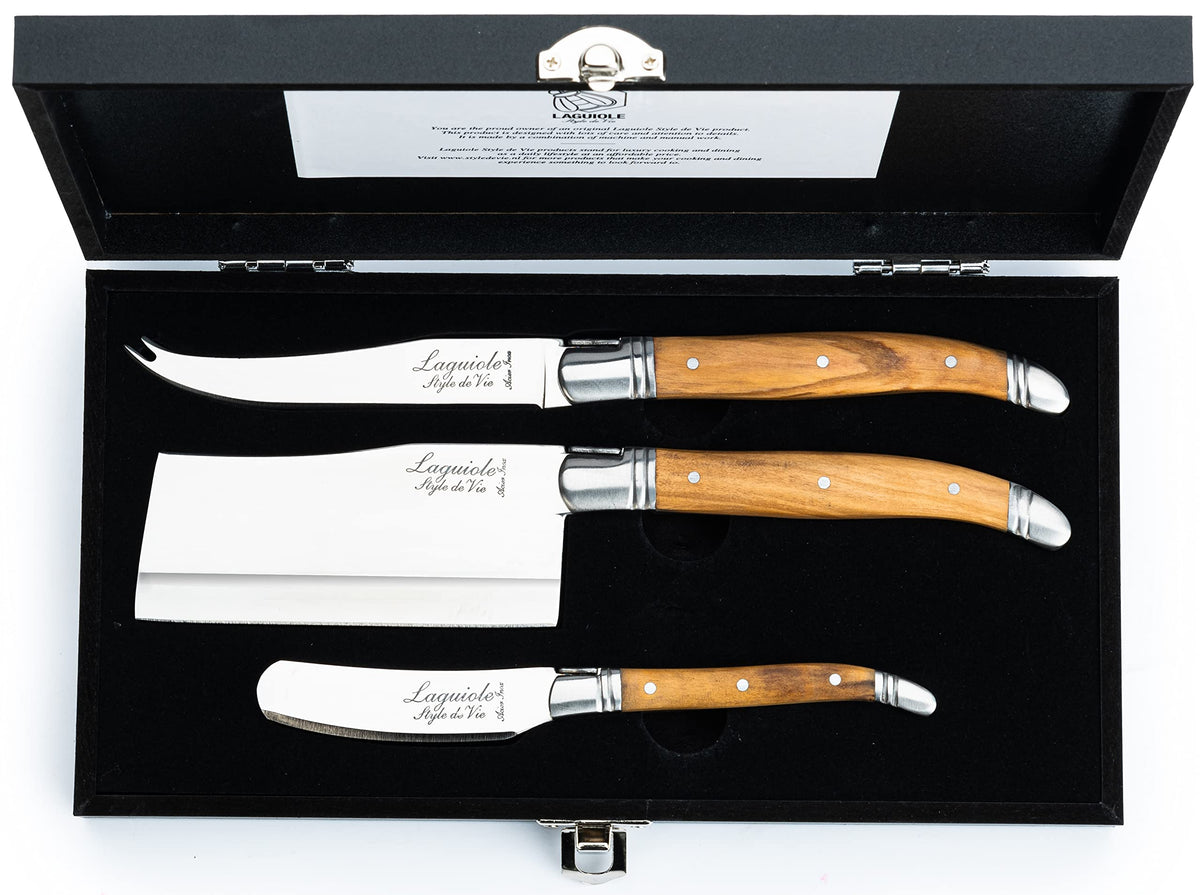 Laguiole Style De Vie cheese knives set with olive wood handles