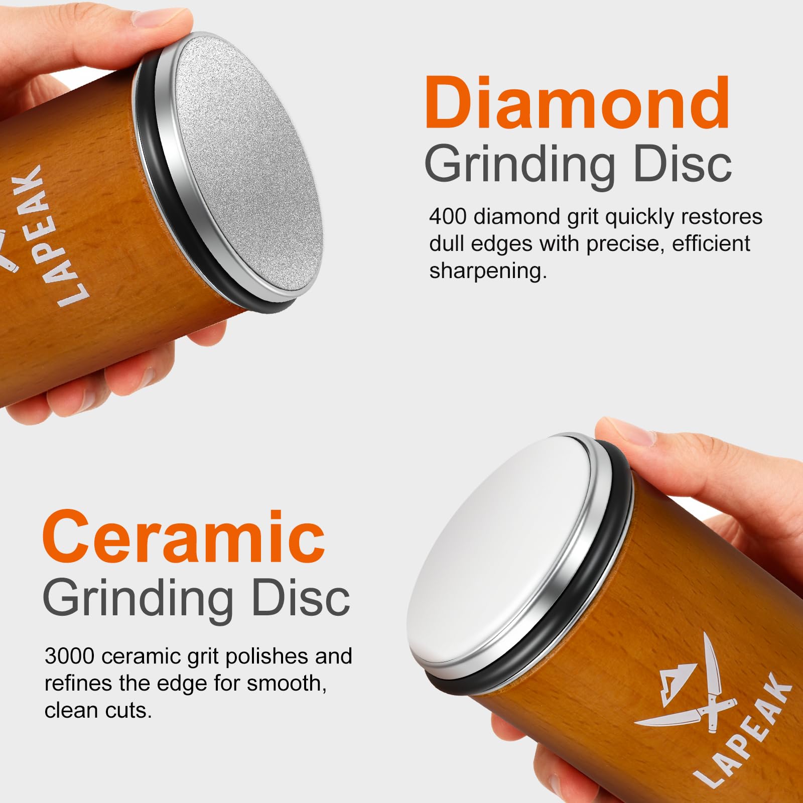 Sharpener showing #400 diamond and #3000 ceramic discs