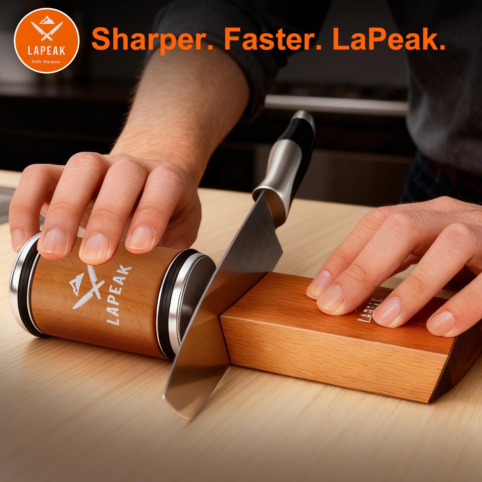 Premium natural wood base with magnets on sharpener