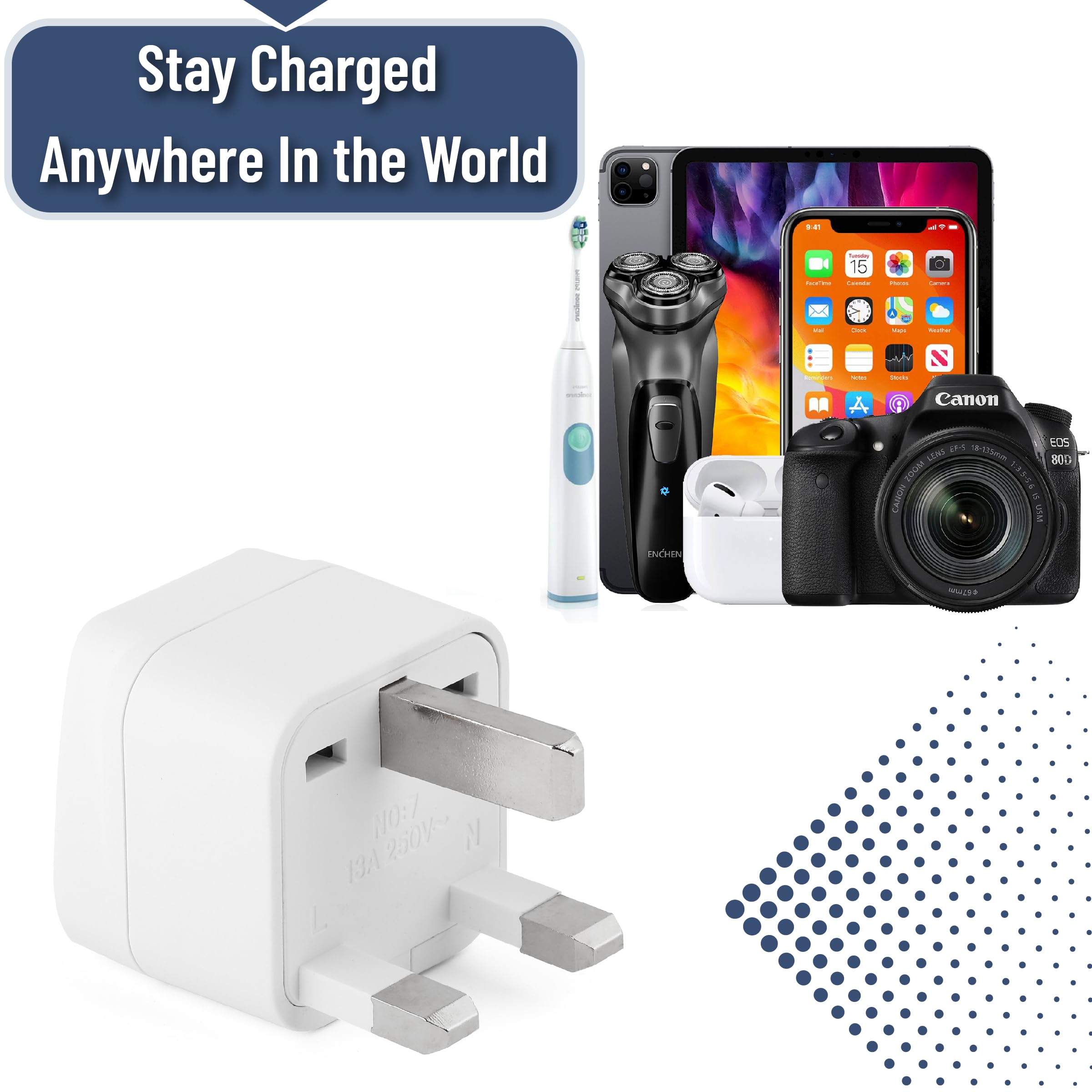 Laptops phones tablets compatible Bates US to UK adapter