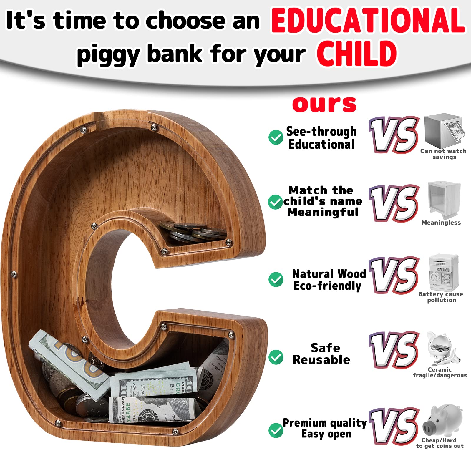 Large 9 inch wooden piggy bank for kids