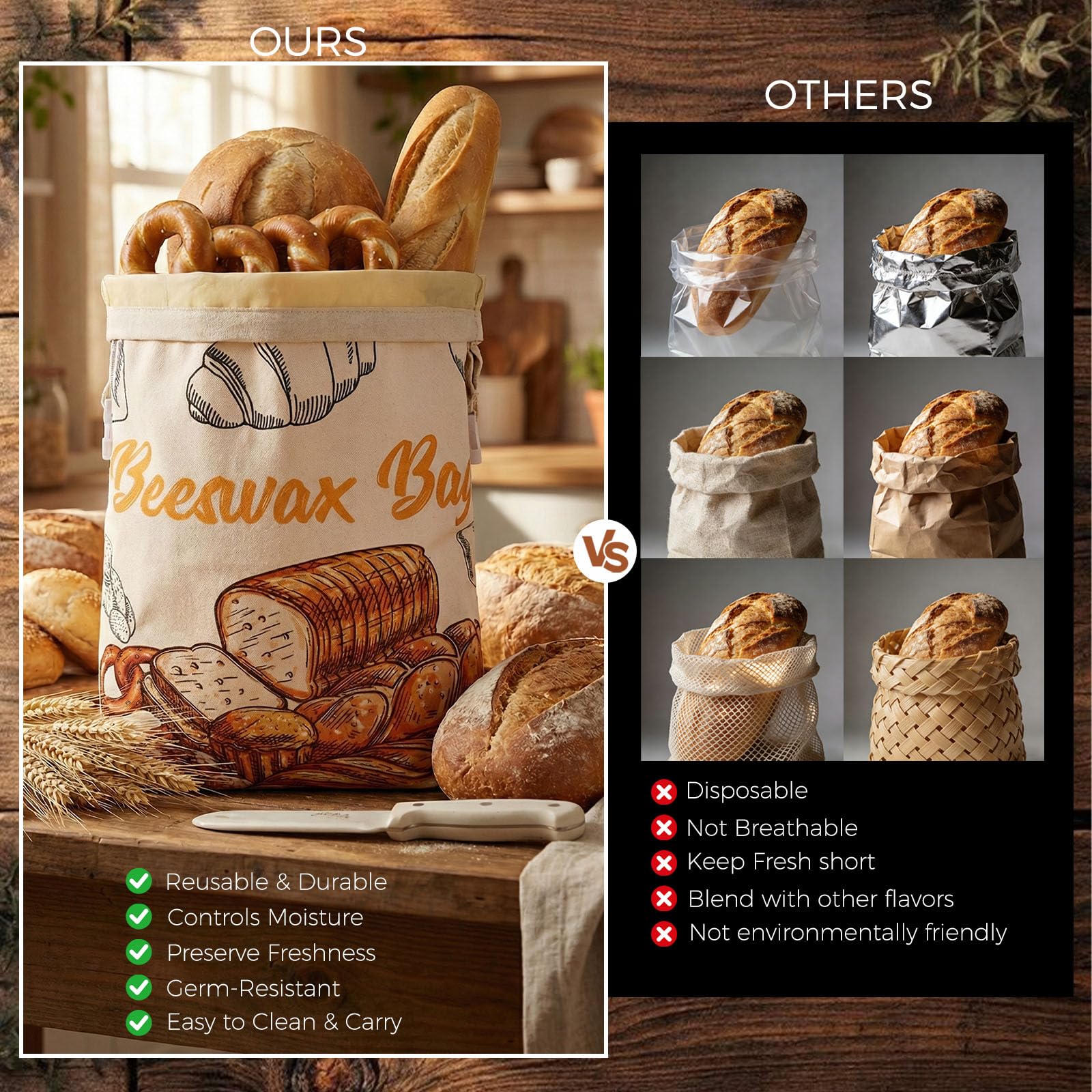 Elegant beeswax bread bags with a secure closure