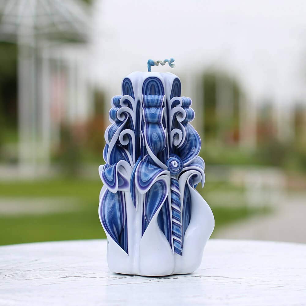 Blue purple white color blend on carved candle