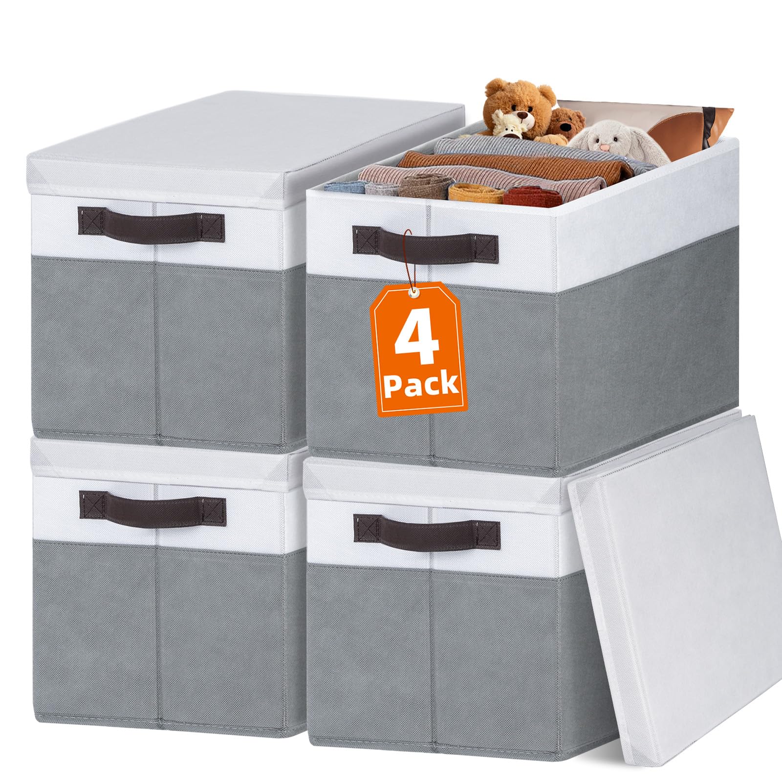 Large Closet Storage Baskets Bins with Lids 14x10x9.5 inch pack of 4 on shelf